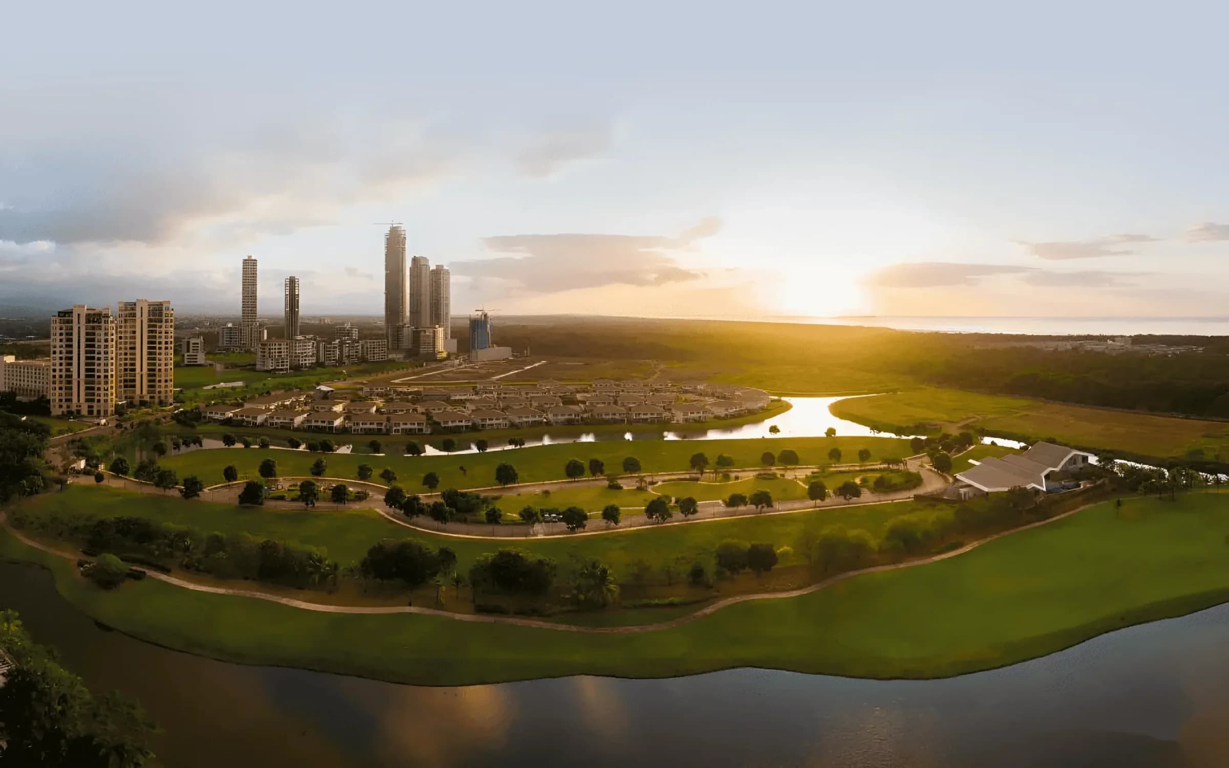 Aerial view of Santa Maria Golf & Country Club at sunset, home of The Woods