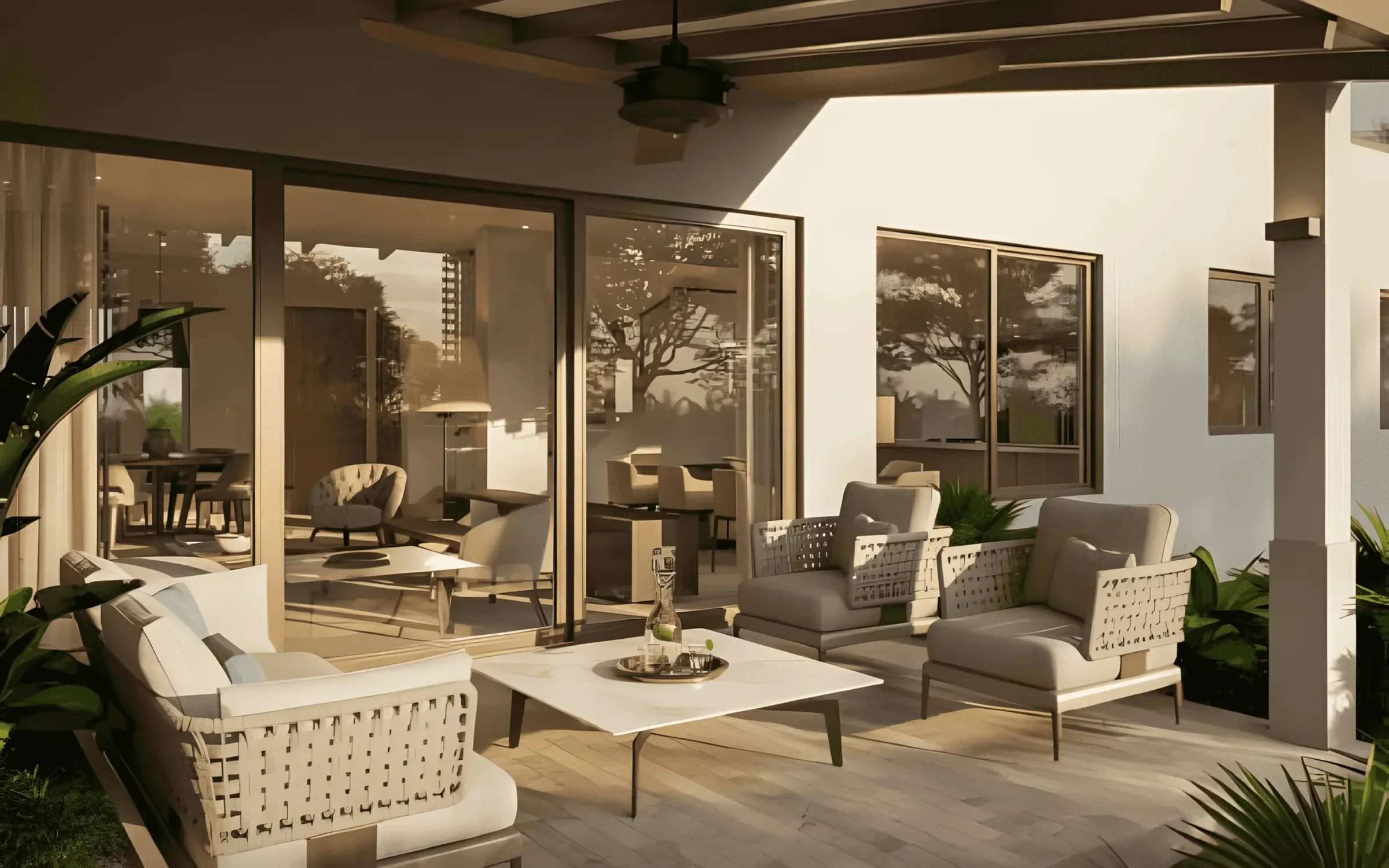 Covered garden terrace with outdoor lounge seating at a house in The Woods