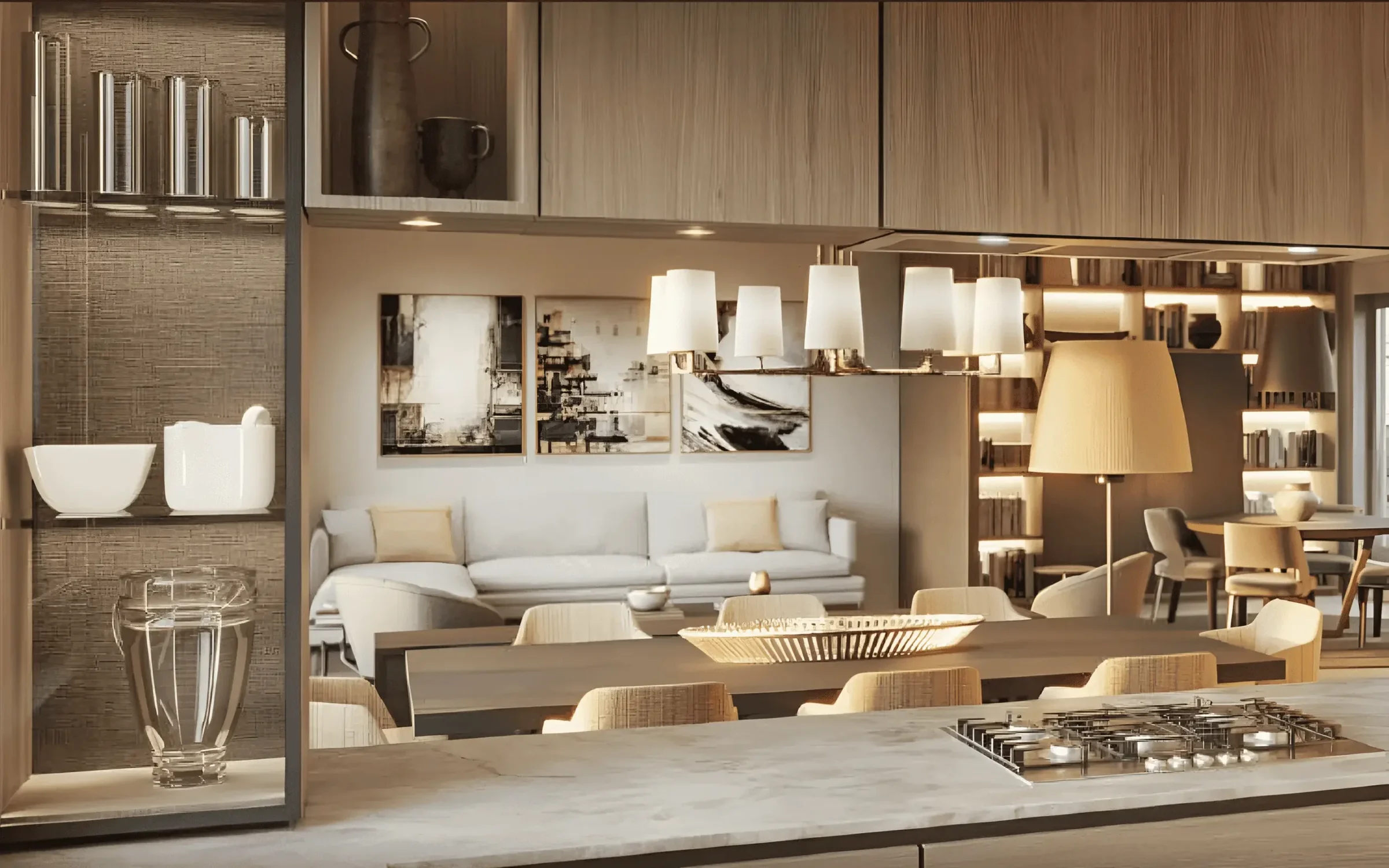 Open kitchen and living area inside a house in The Woods