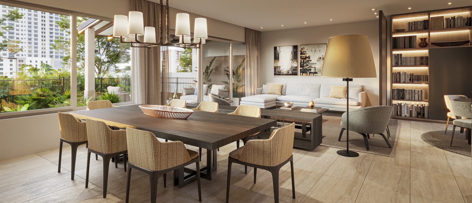 Dining room opening to the garden in a house in The Woods