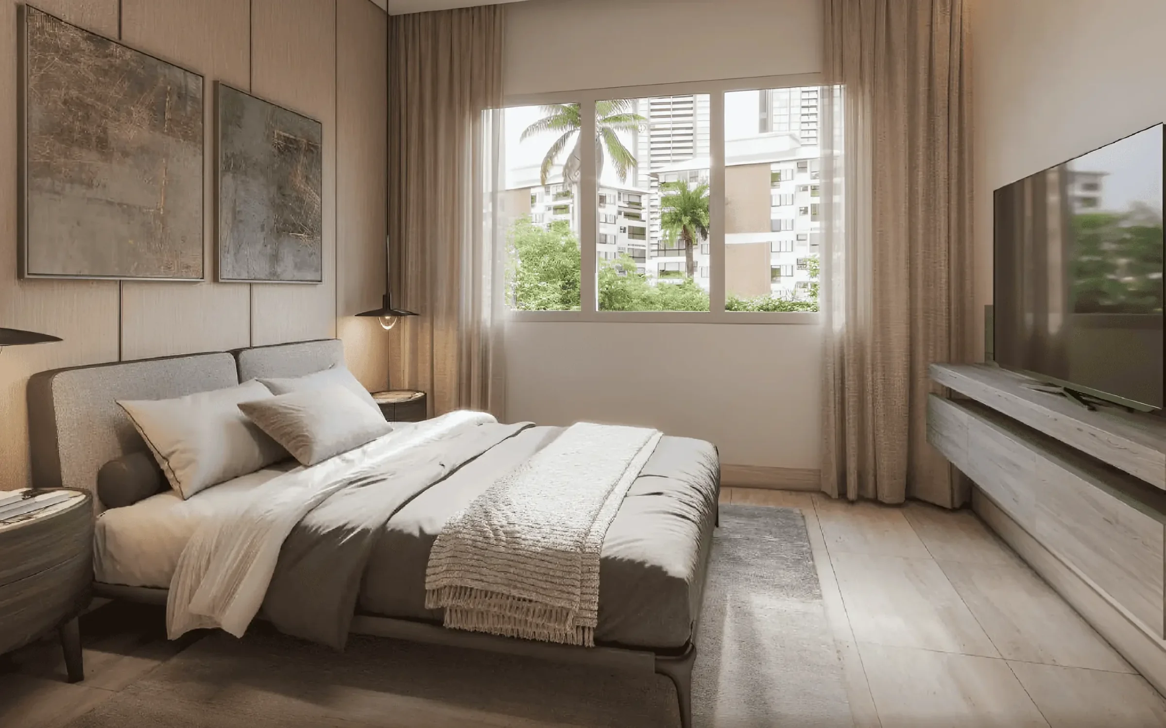 Primary bedroom with garden-view window in a house in The Woods