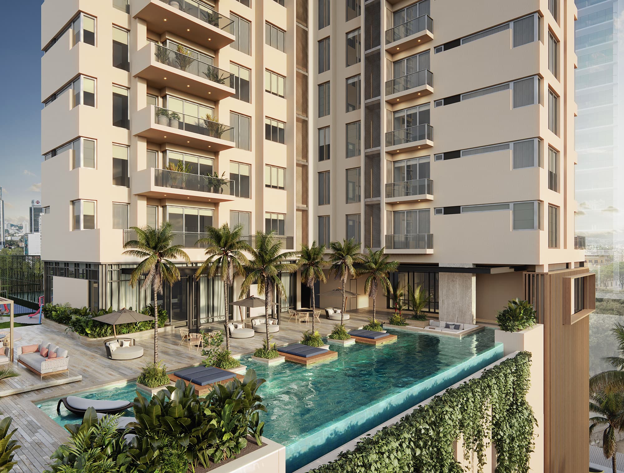 Infinity pool deck and amenity podium of Madero