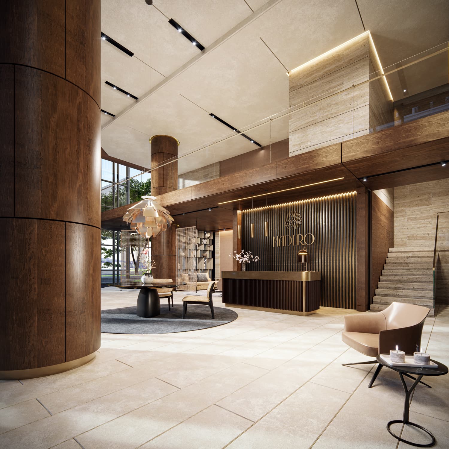 Double-height lobby with reception desk at Madero