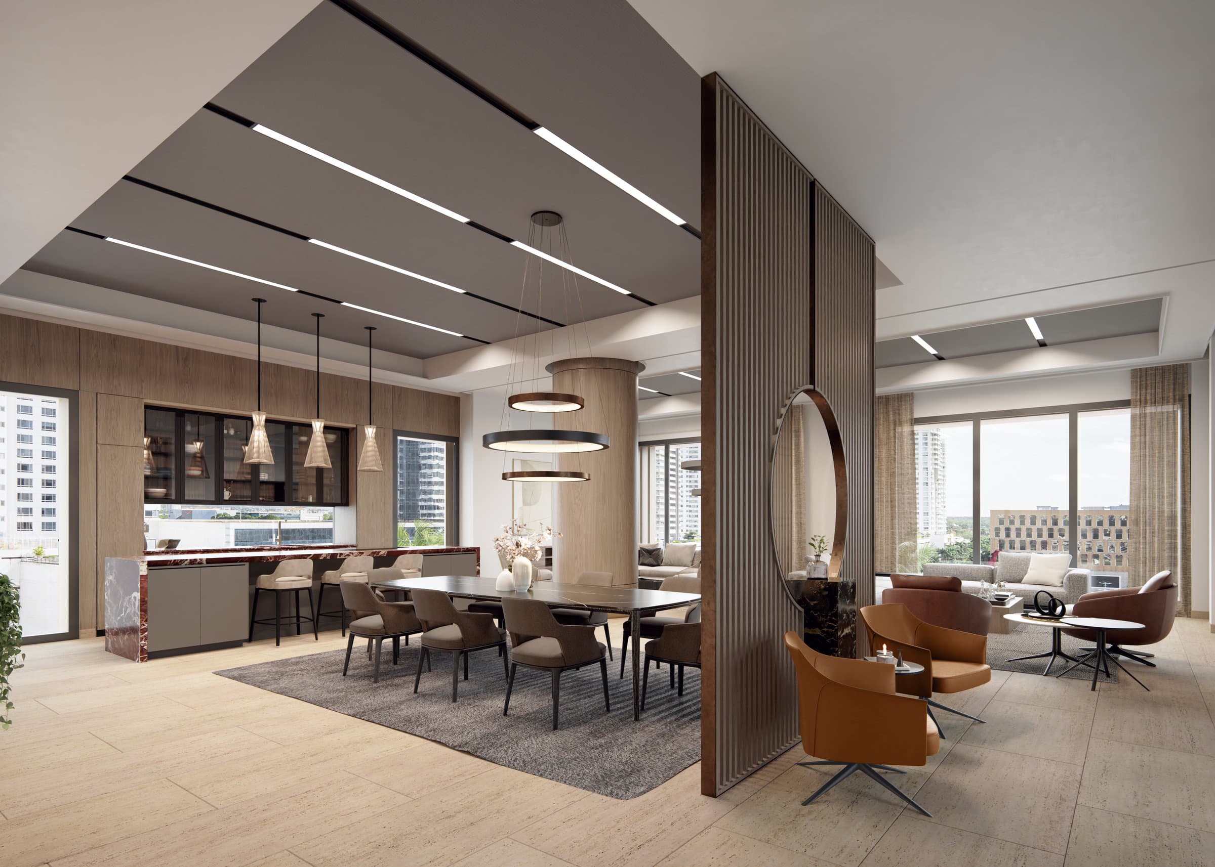 Social lounge and dining space in the Madero amenity level