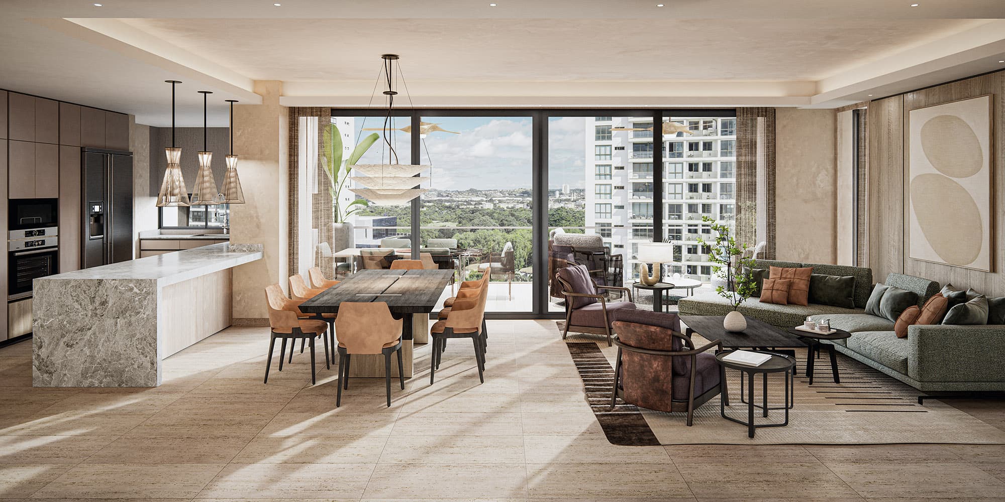 Open kitchen, dining and living room with city views inside a Madero apartment