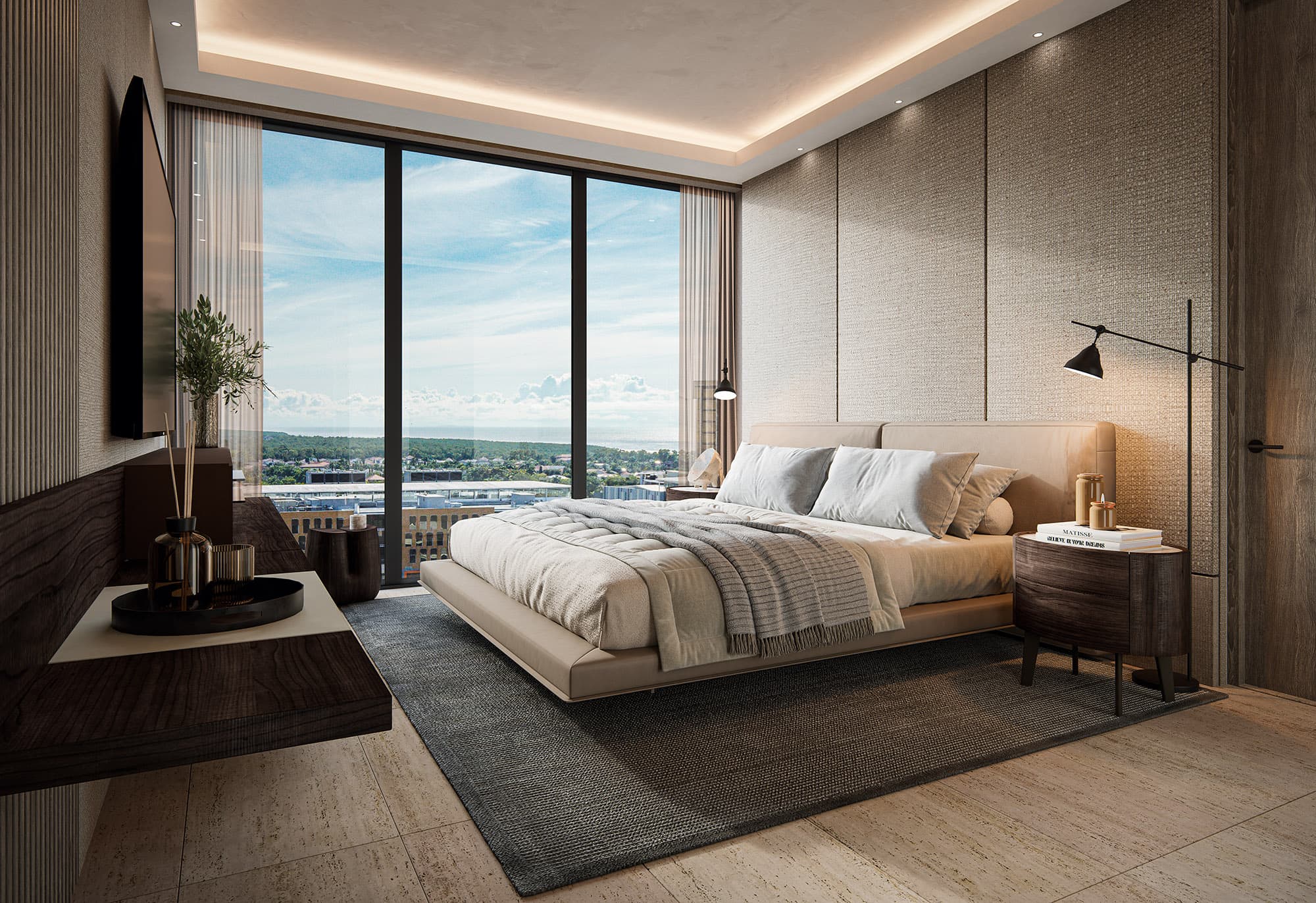 Primary bedroom with floor-to-ceiling windows at Madero