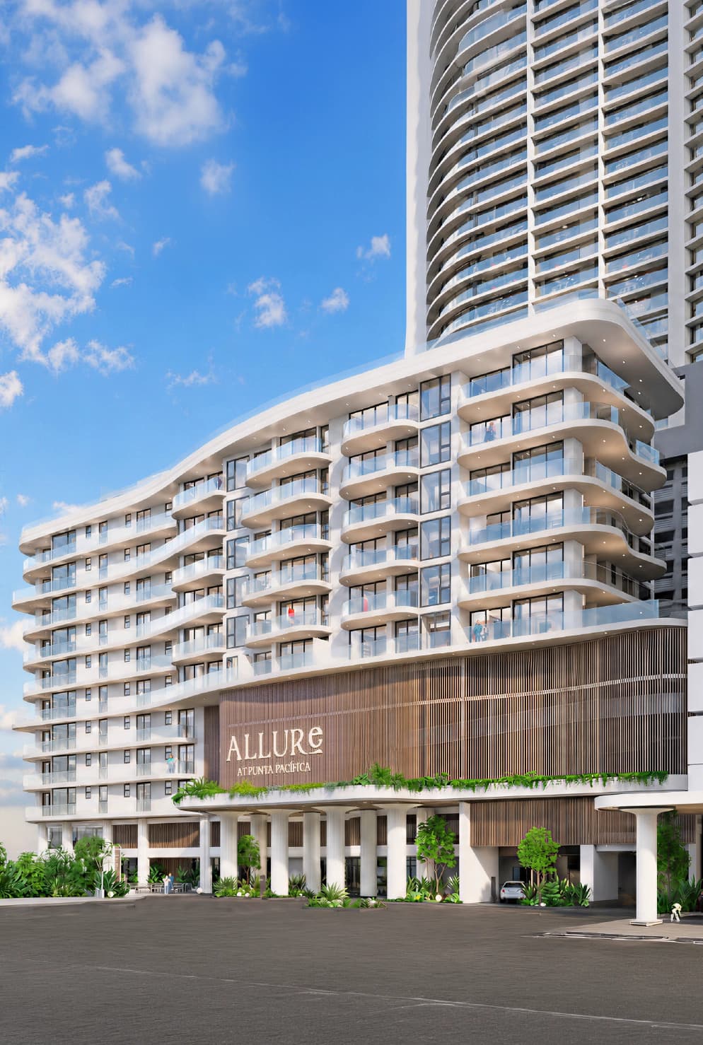 Allure at Punta Pacífica tower facade with curved balconies and entrance canopy
