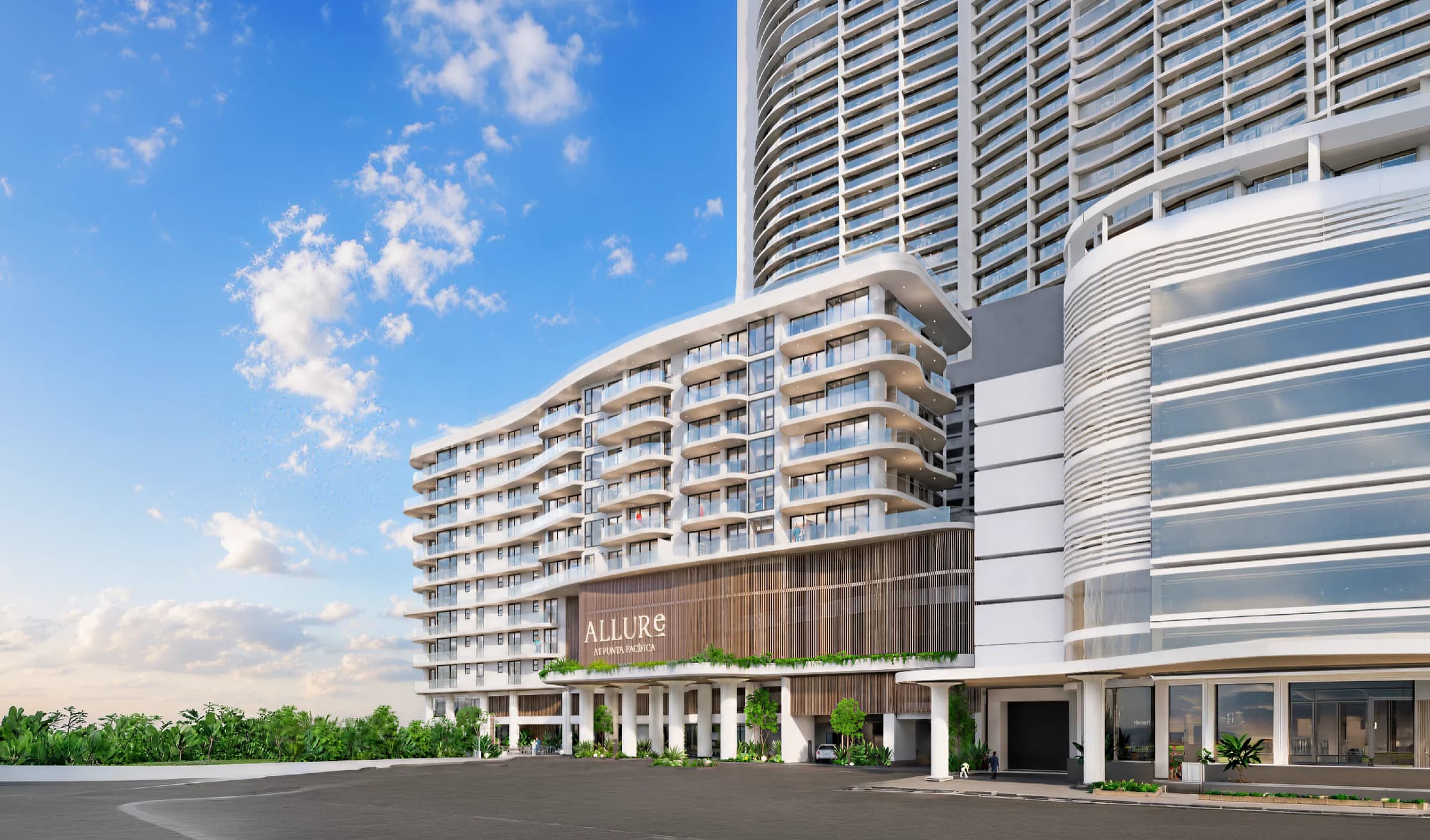 Street-level view of the Allure at Punta Pacífica building in Punta Pacifica, Panama City