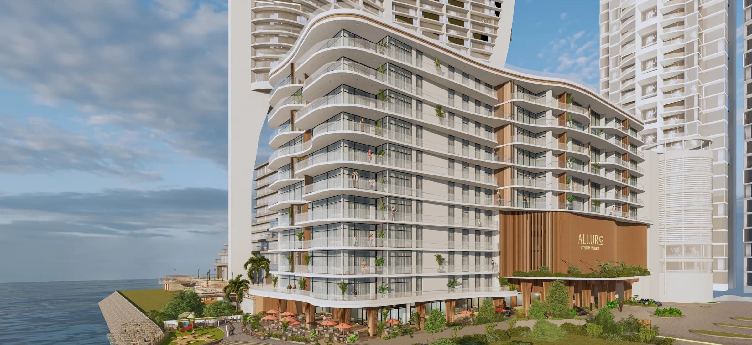 Aerial render of Allure at Punta Pacífica on the Panama Bay waterfront