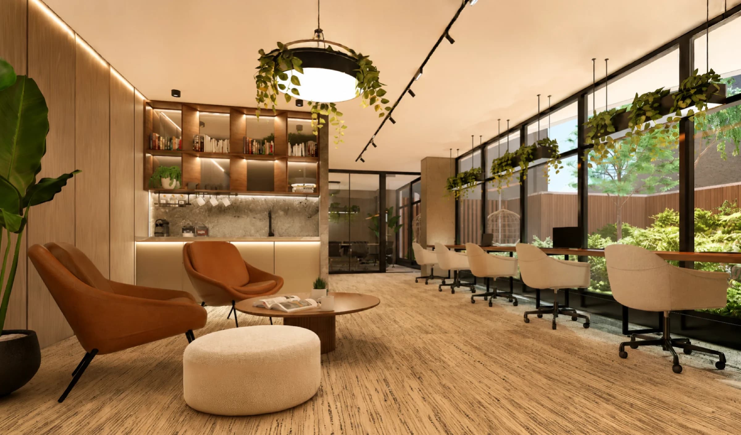 Co-working lounge with plants and work desks at Allure at Punta Pacífica