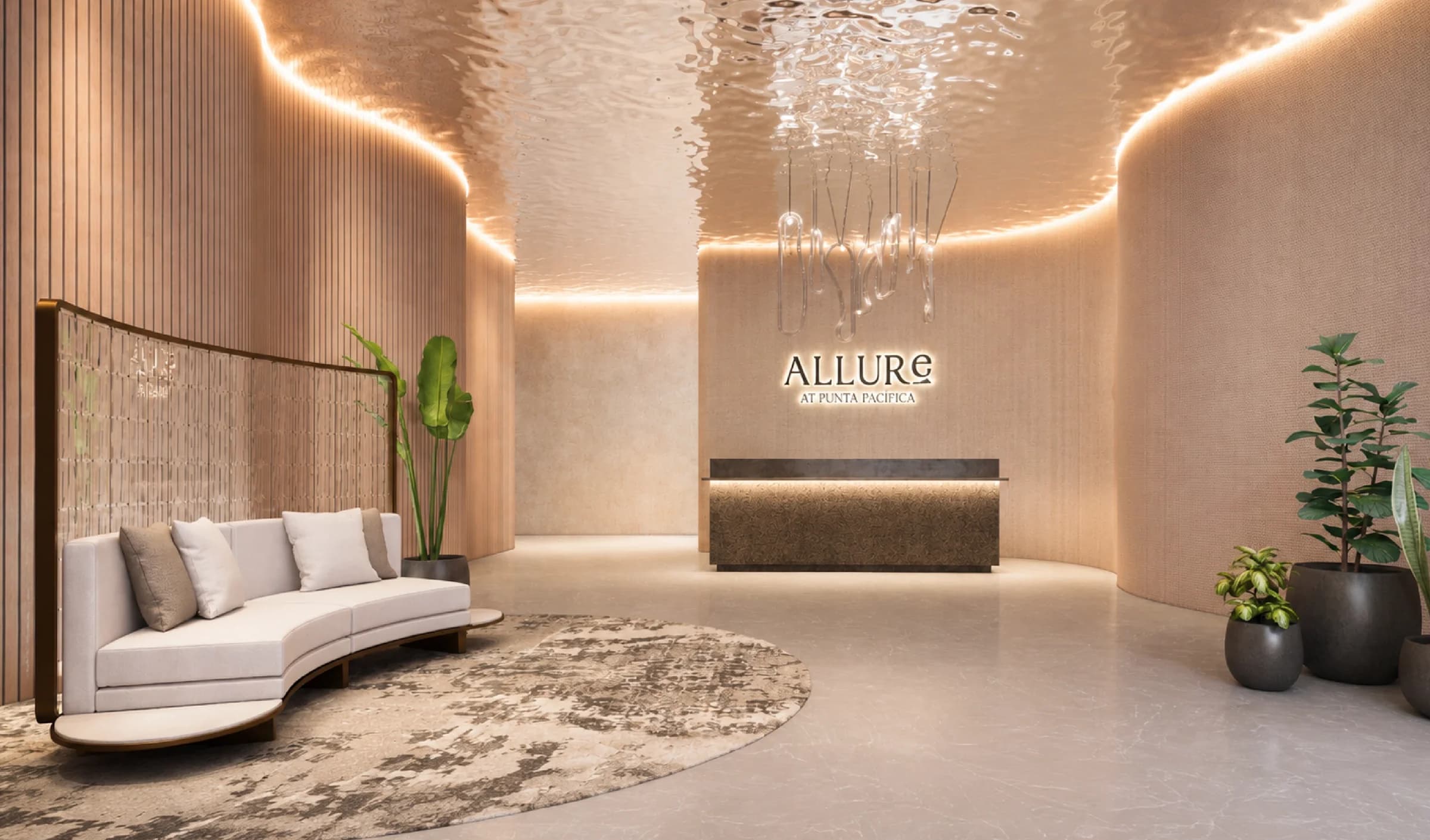 Lobby with curved wood-paneled walls and reception at Allure at Punta Pacífica