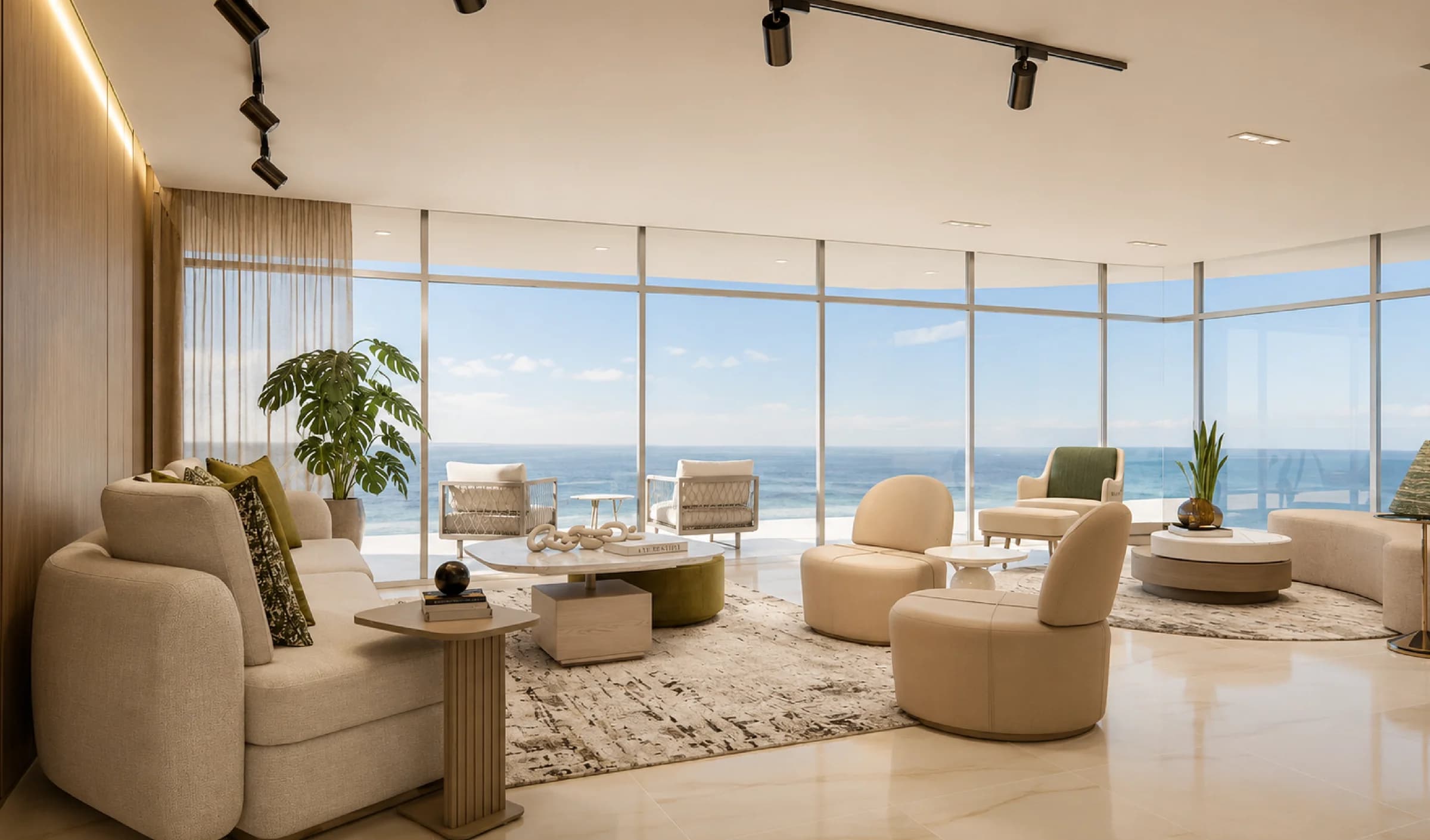 Living room with ocean view in an Allure at Punta Pacífica residence