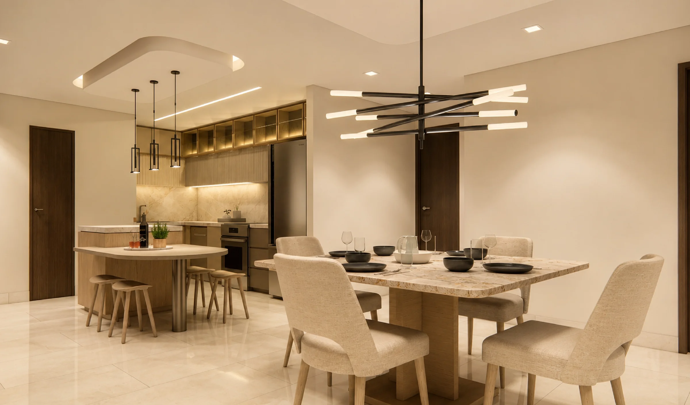 Dining area and kitchen in an Allure at Punta Pacífica residence