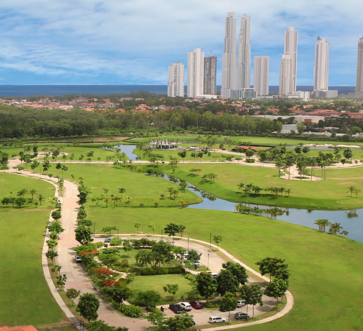 Aerial view of Santa Maria Golf & Country Club with the city skyline, home of Valery Point