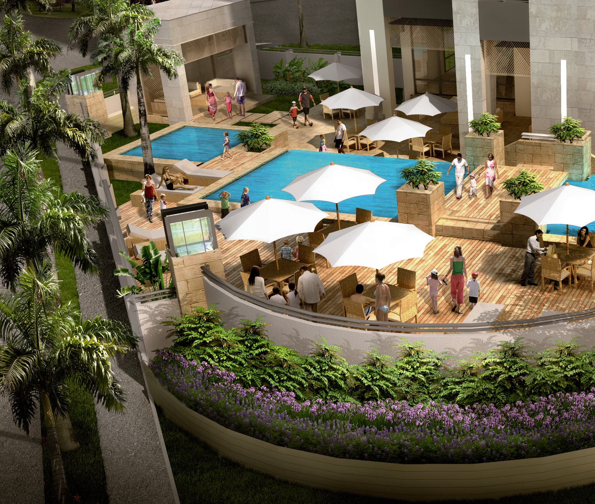 Pool and social area of Valery Point surrounded by tropical gardens