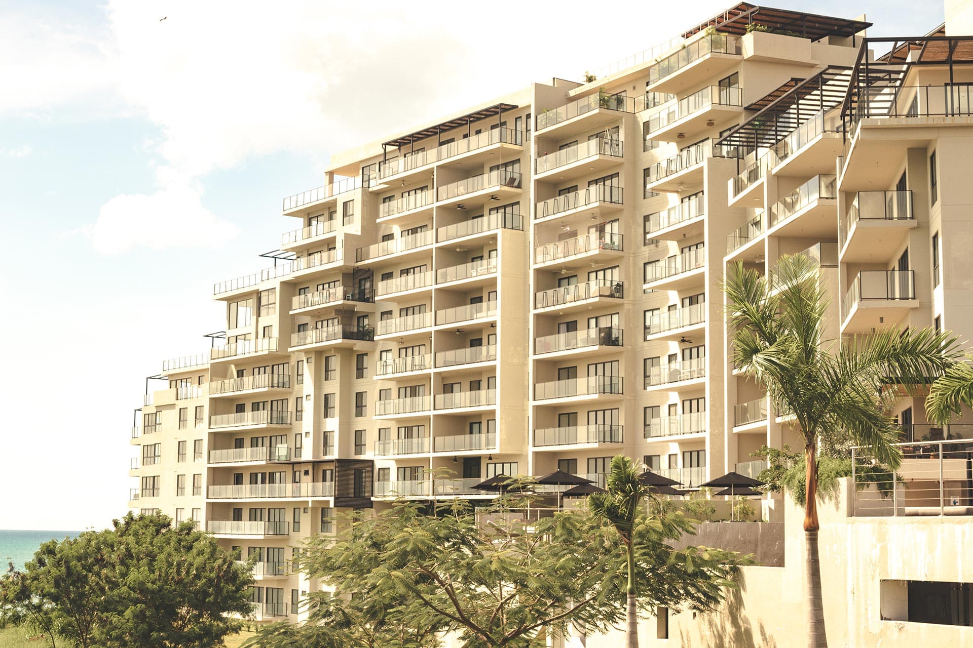 Solaria apartment tower at Punta Caelo seen from the gardens