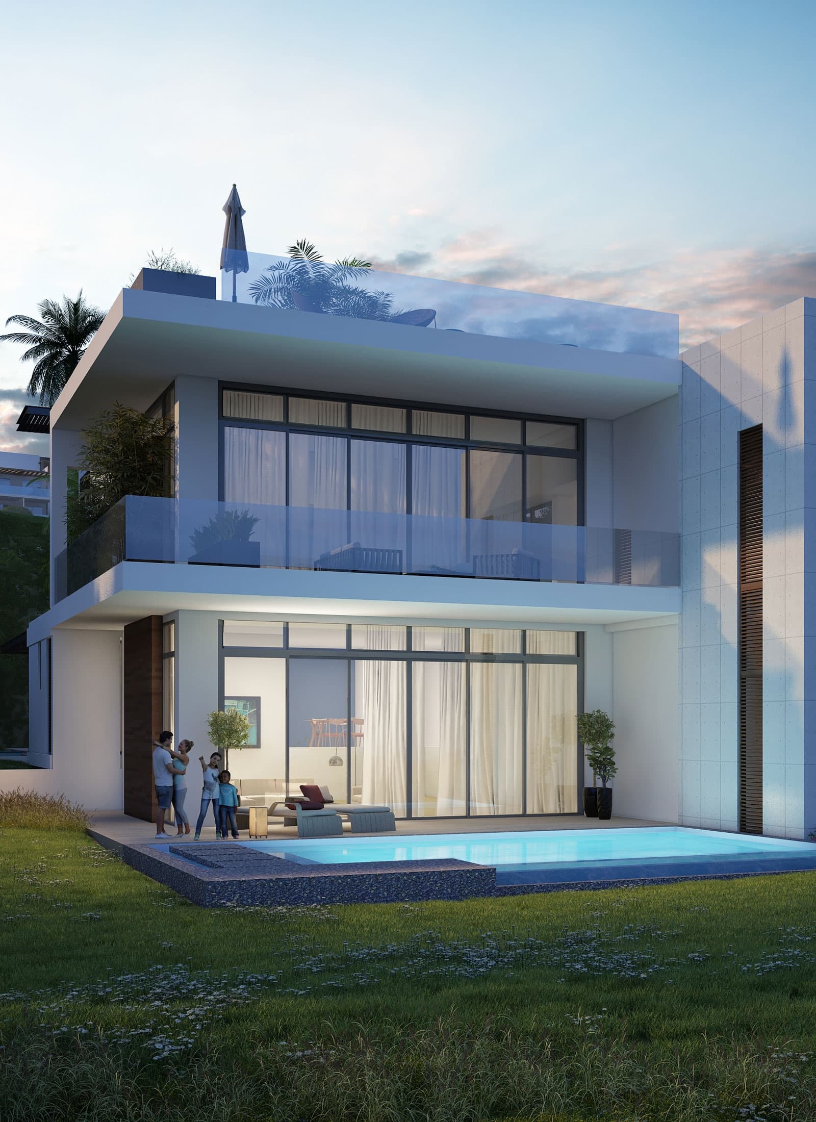 Rendering of a two-story Caelo oceanfront villa with a private pool at Punta Caelo