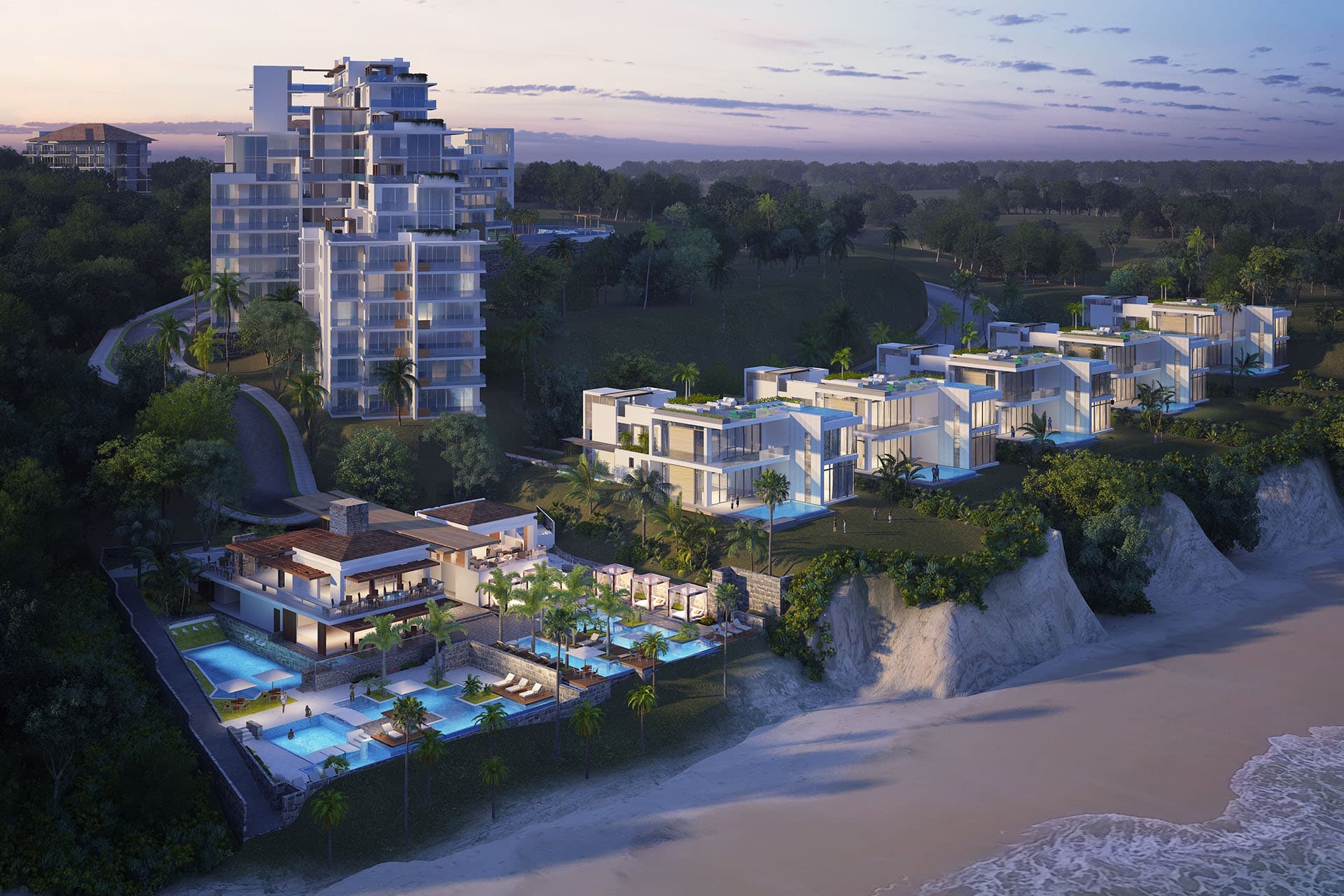 Aerial rendering of the Punta Caelo community with the Caelo villas along the beach