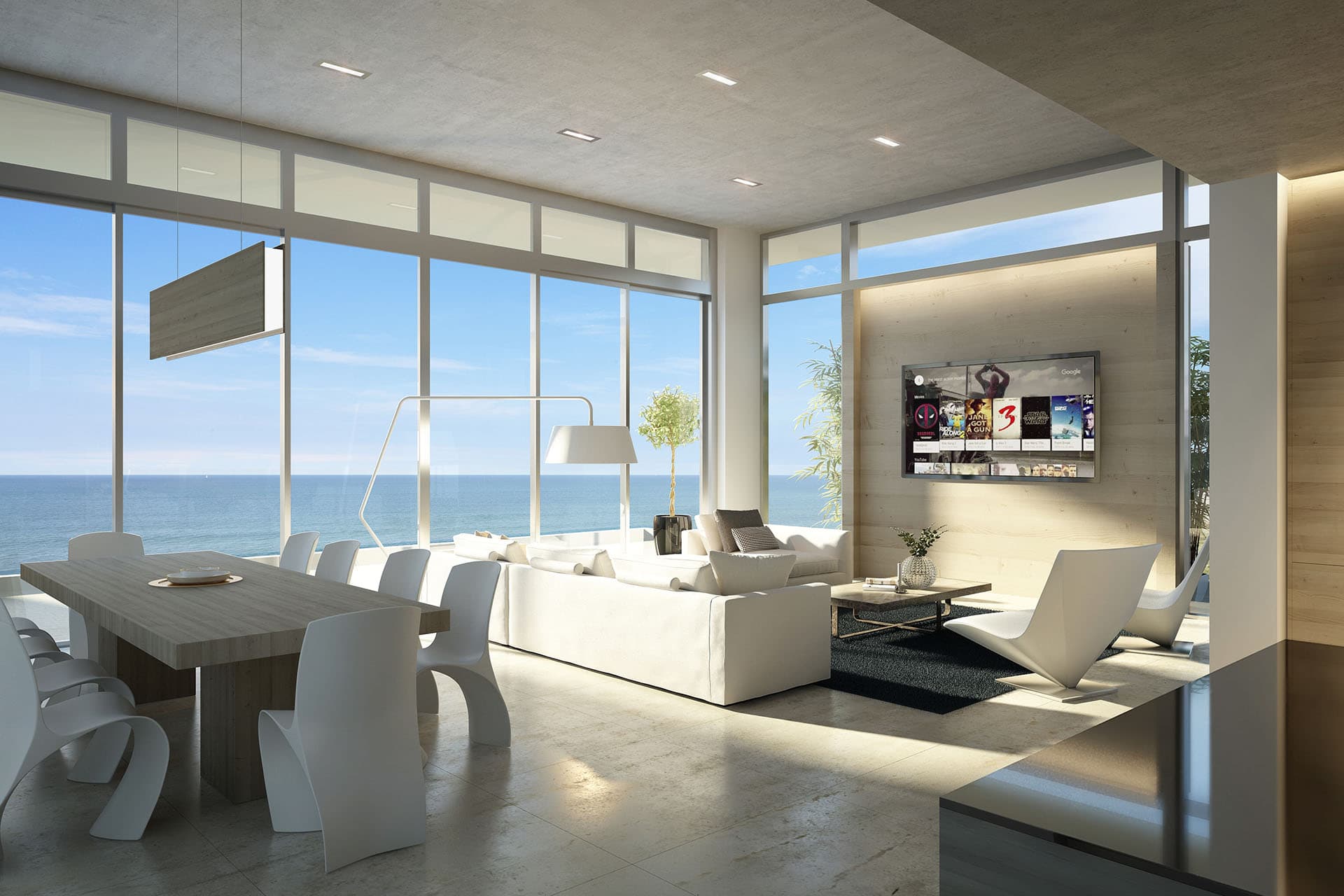 Rendering of an ocean-view living and dining room in a Caelo villa