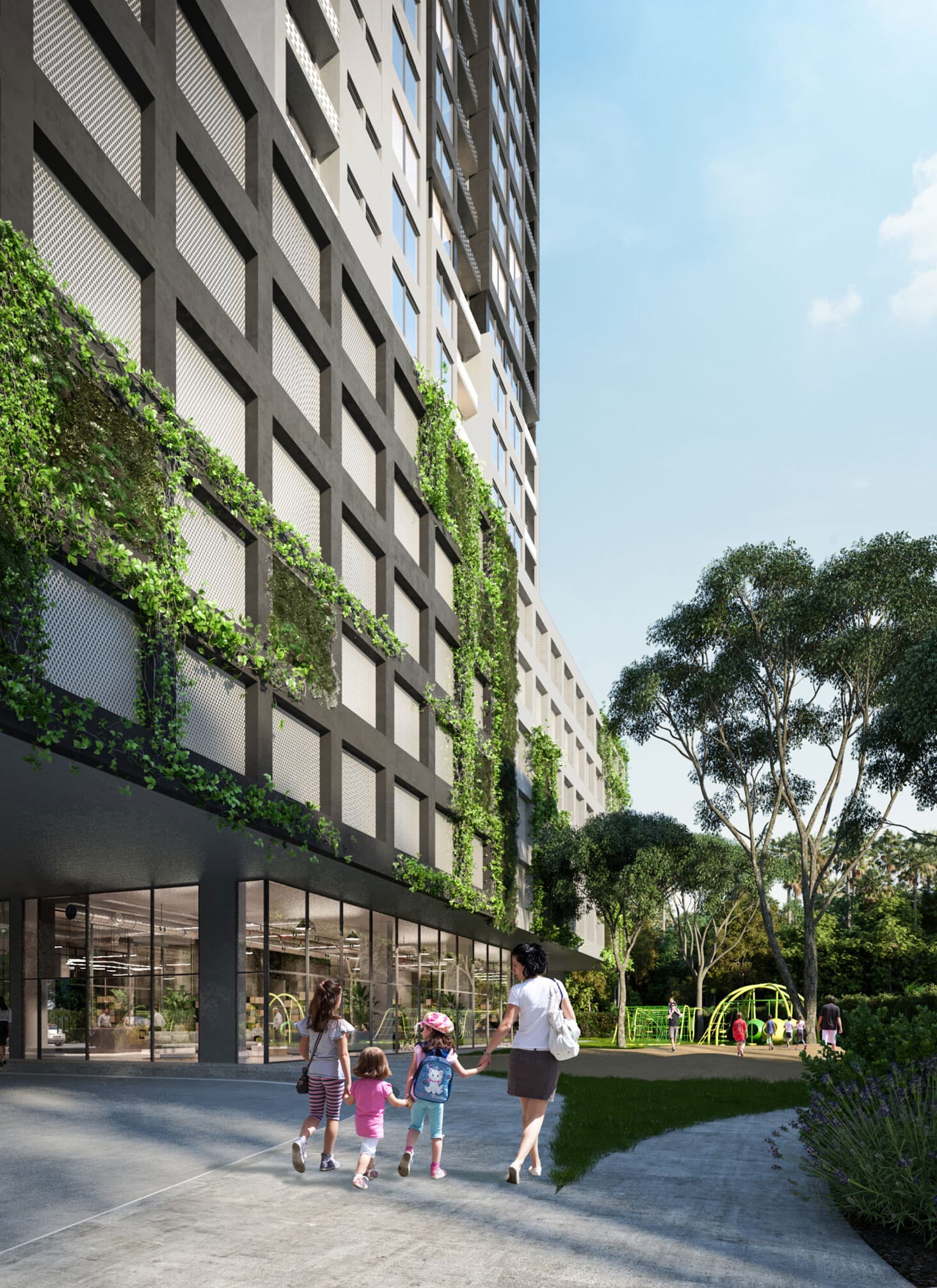 Rendering of the Quatrium tower with its green facade and garden walkway in Panama City
