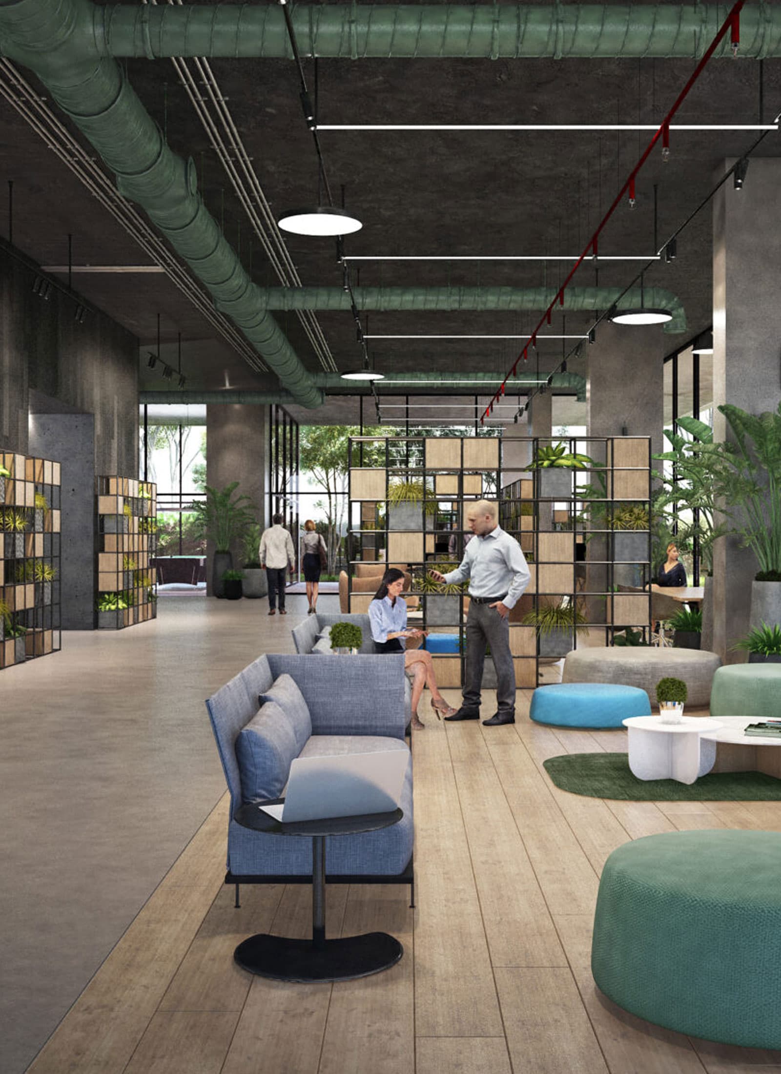 Rendering of the Quatrium lobby and coworking lounge with library shelves
