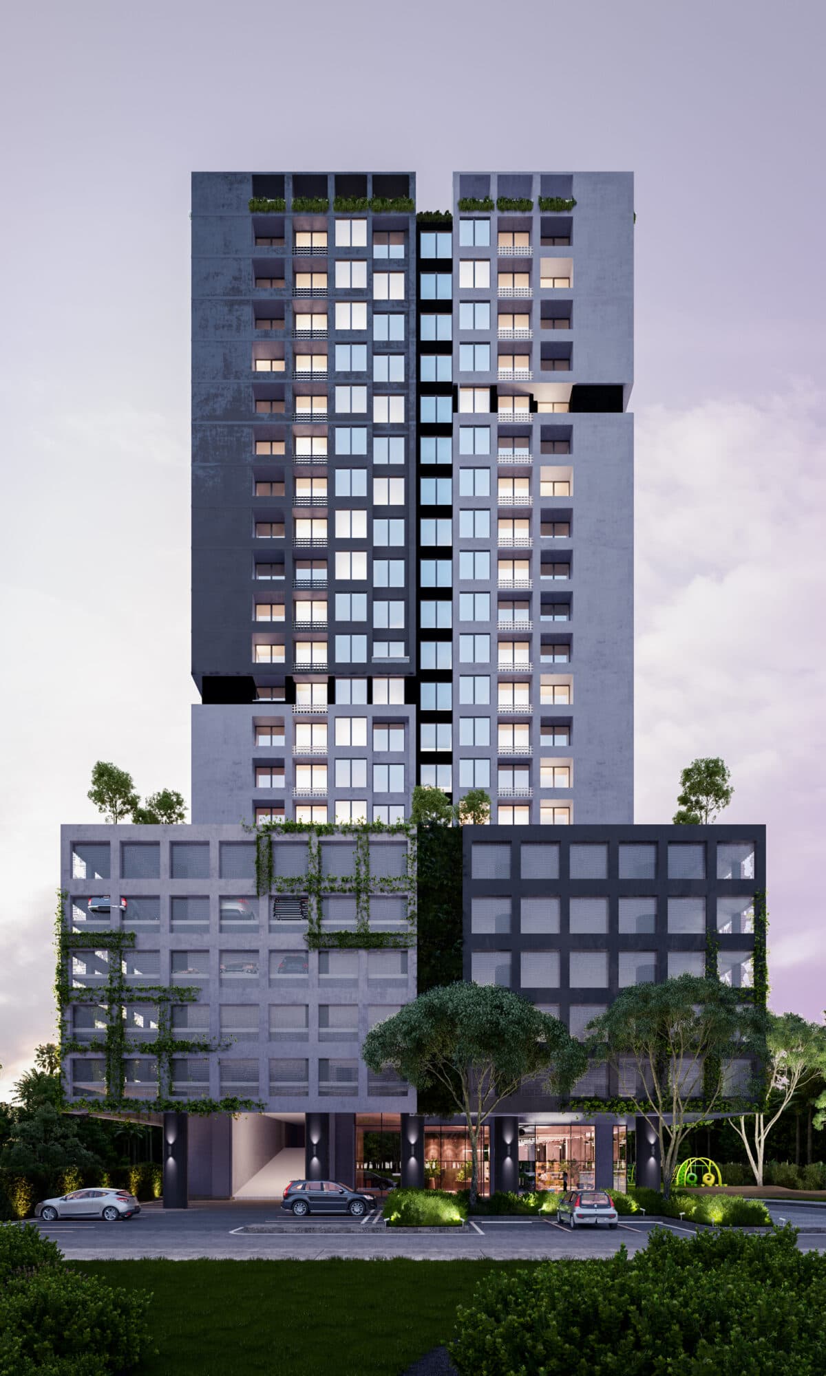 Rendering of the Quatrium tower front with its green facade podium and entrance
