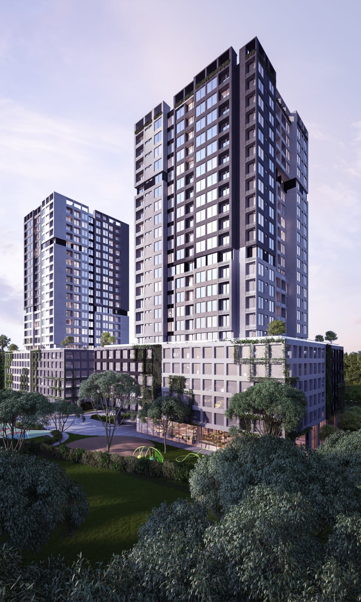 Rendering of the Quatrium towers rising above the surrounding tree canopy