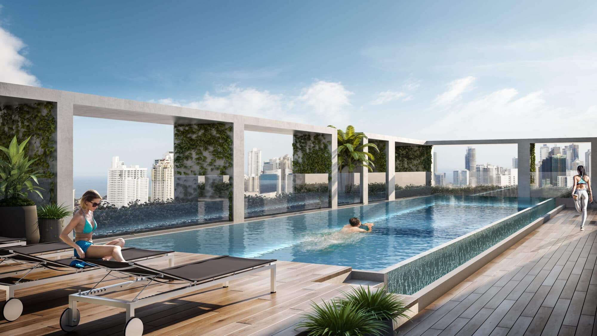 Rendering of the Quatrium rooftop lap pool with loungers and city views