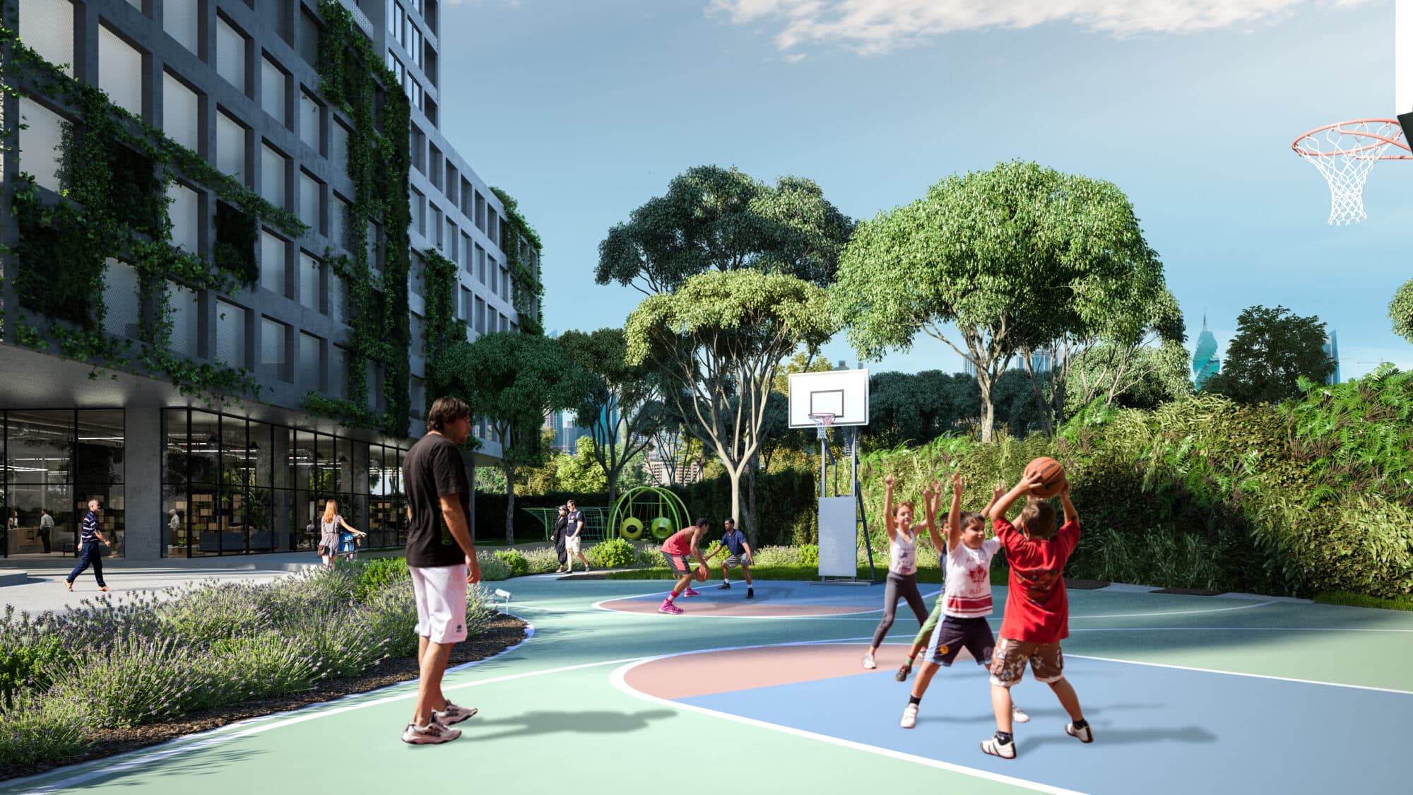 Rendering of the Quatrium outdoor basketball court beside the planted building base