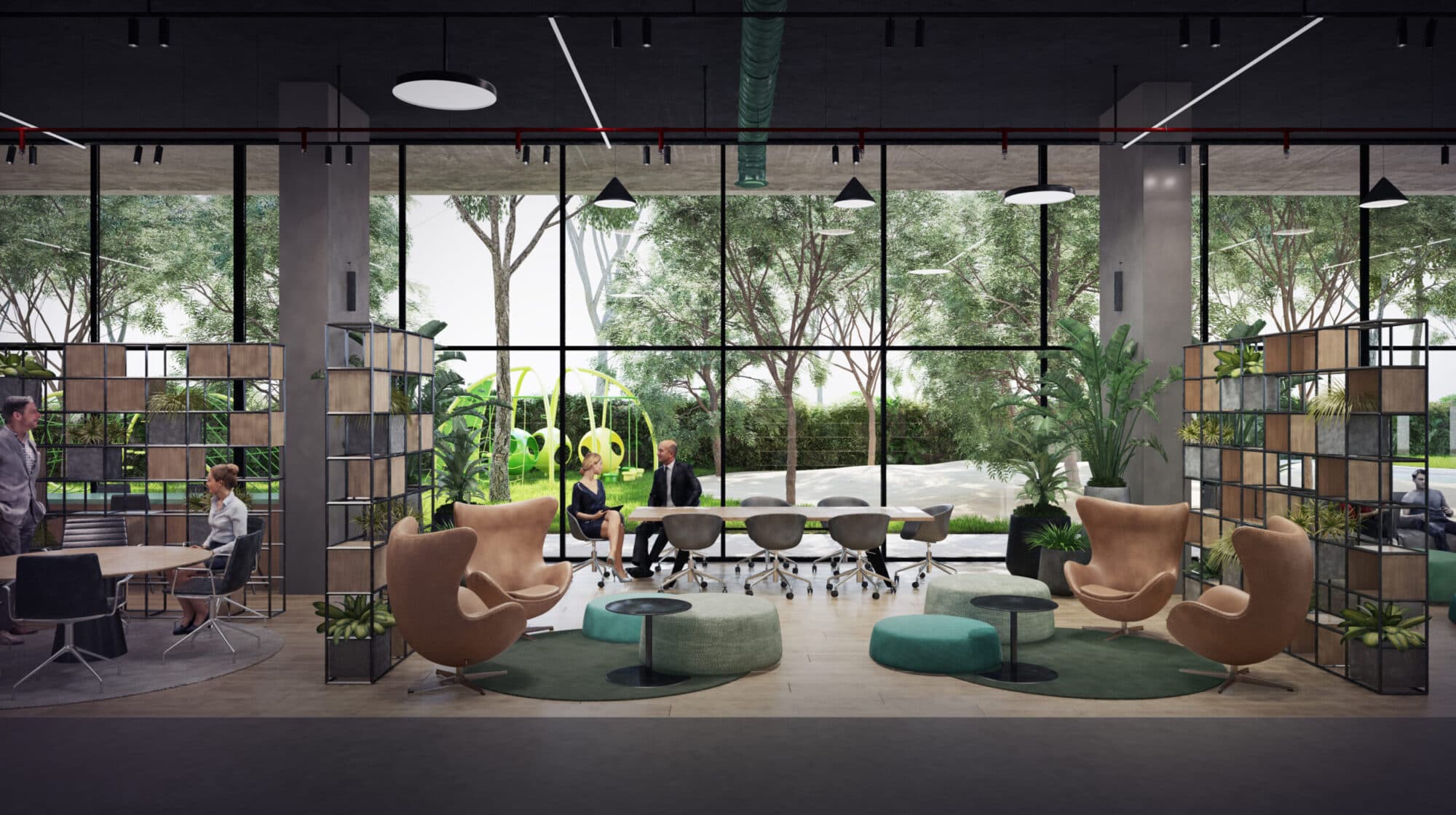 Rendering of the Quatrium coworking lounge with bookshelves and floor-to-ceiling garden windows