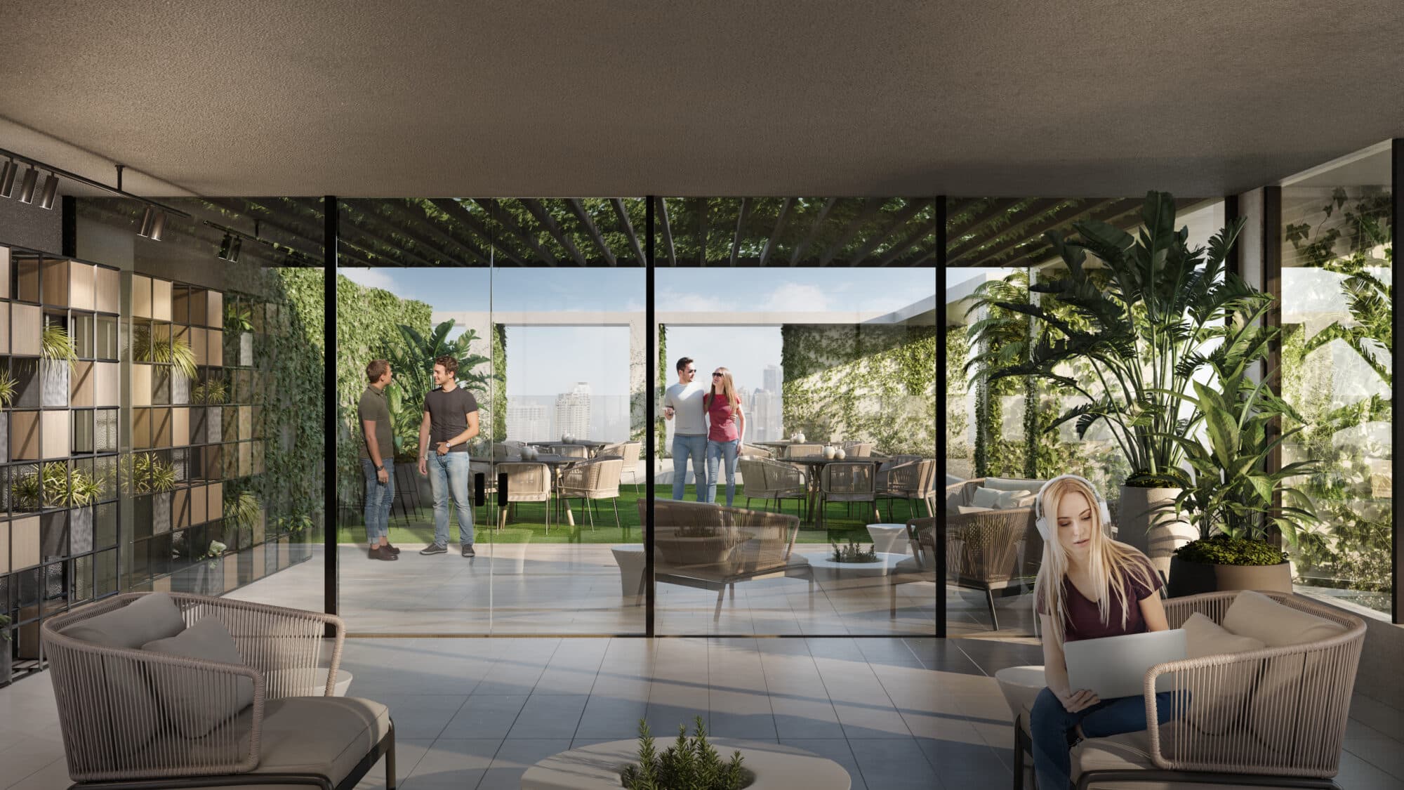 Rendering of the Quatrium social lounge opening onto a planted terrace