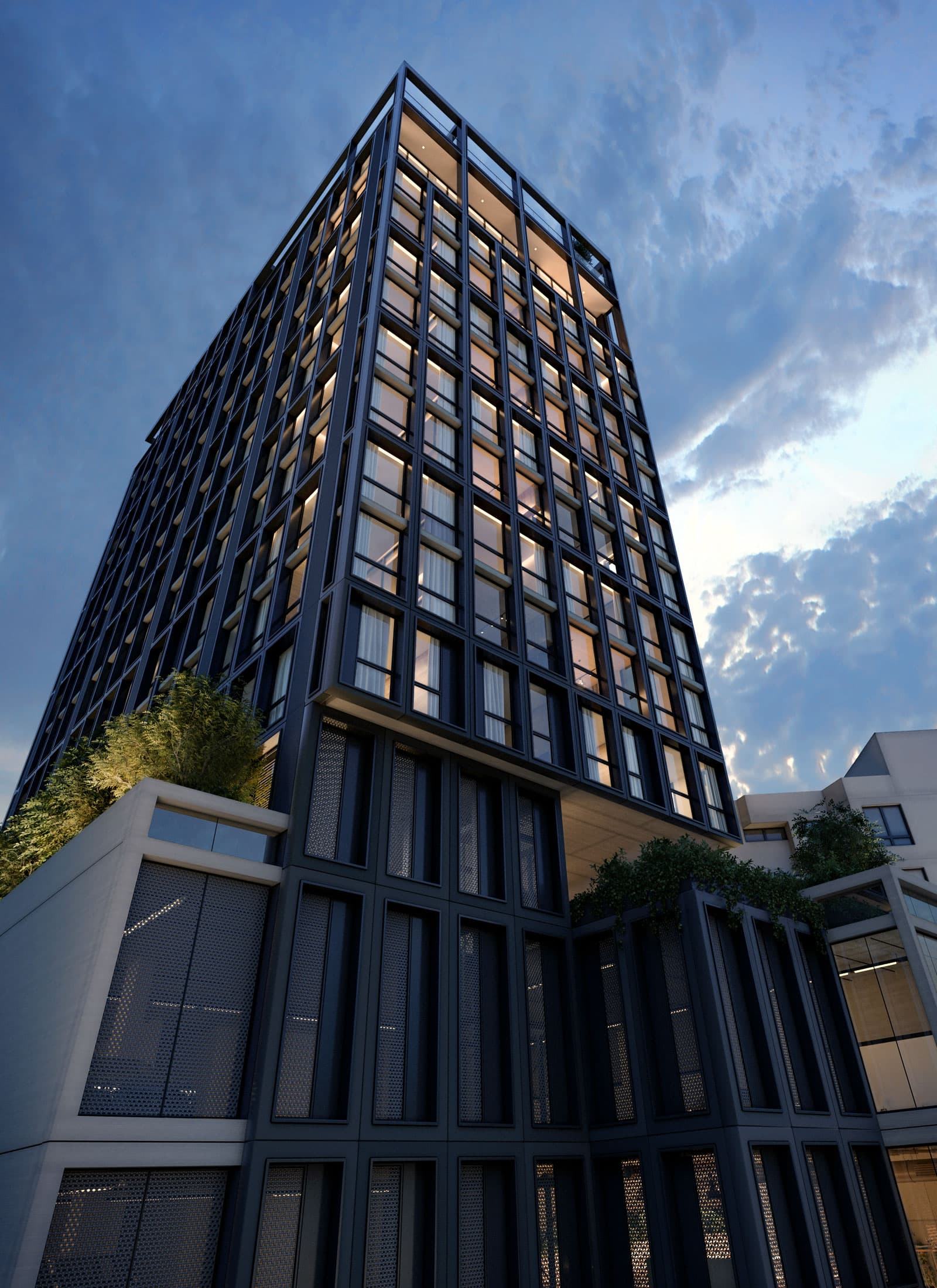 Rendering of the Tribu loft tower in Coco del Mar with its dark grid facade