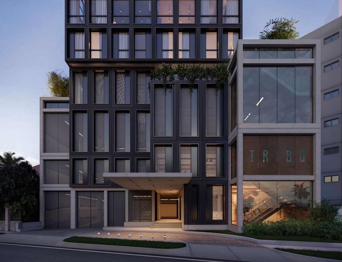 Rendering of the Tribu building entrance and lobby at street level