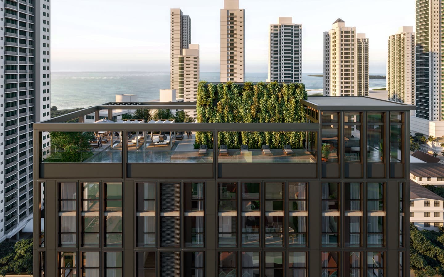 Rendering of the Tribu rooftop garden with pool and views of the Panama City skyline