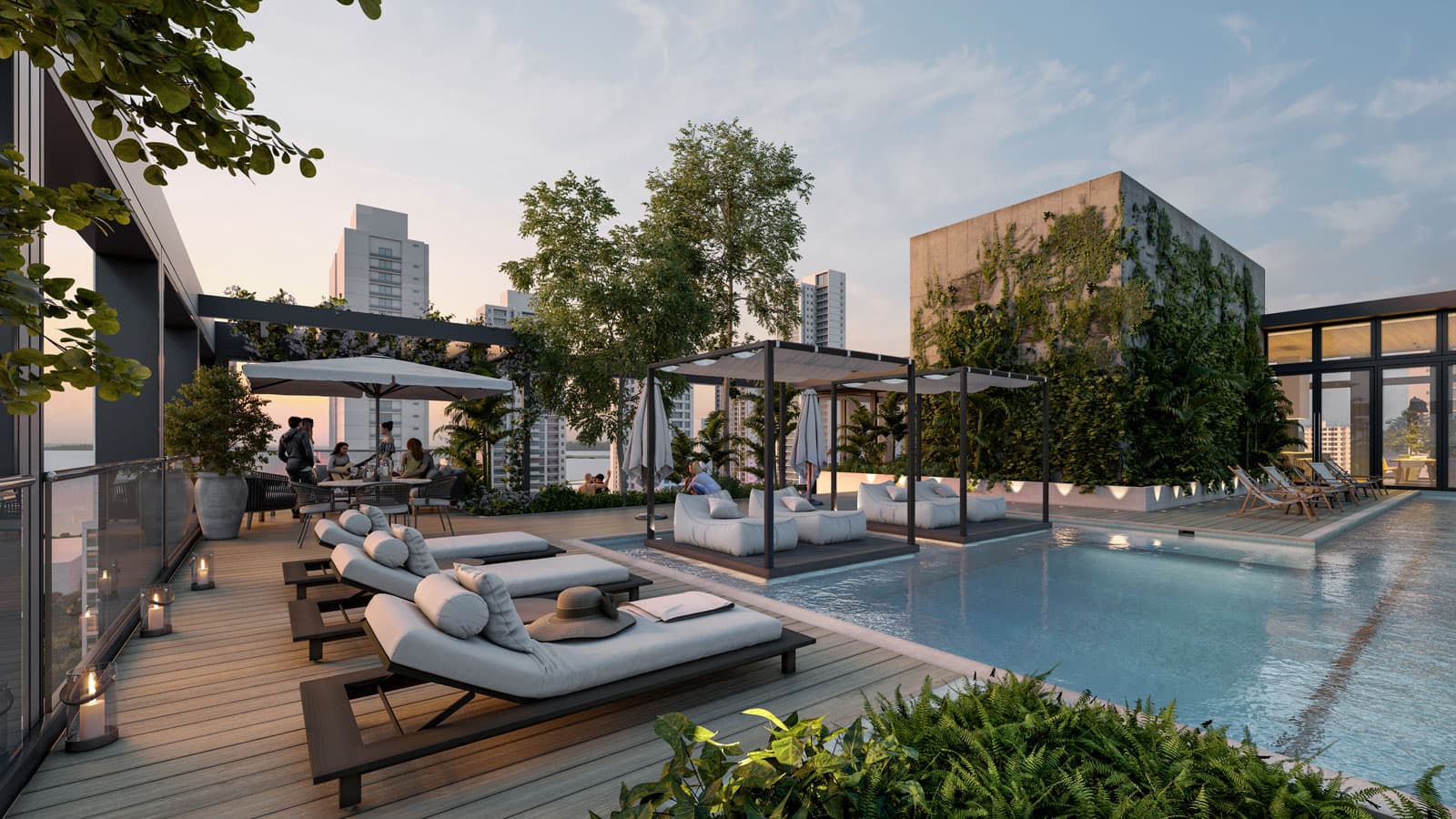 Rendering of the Tribu rooftop pool with loungers and cabanas