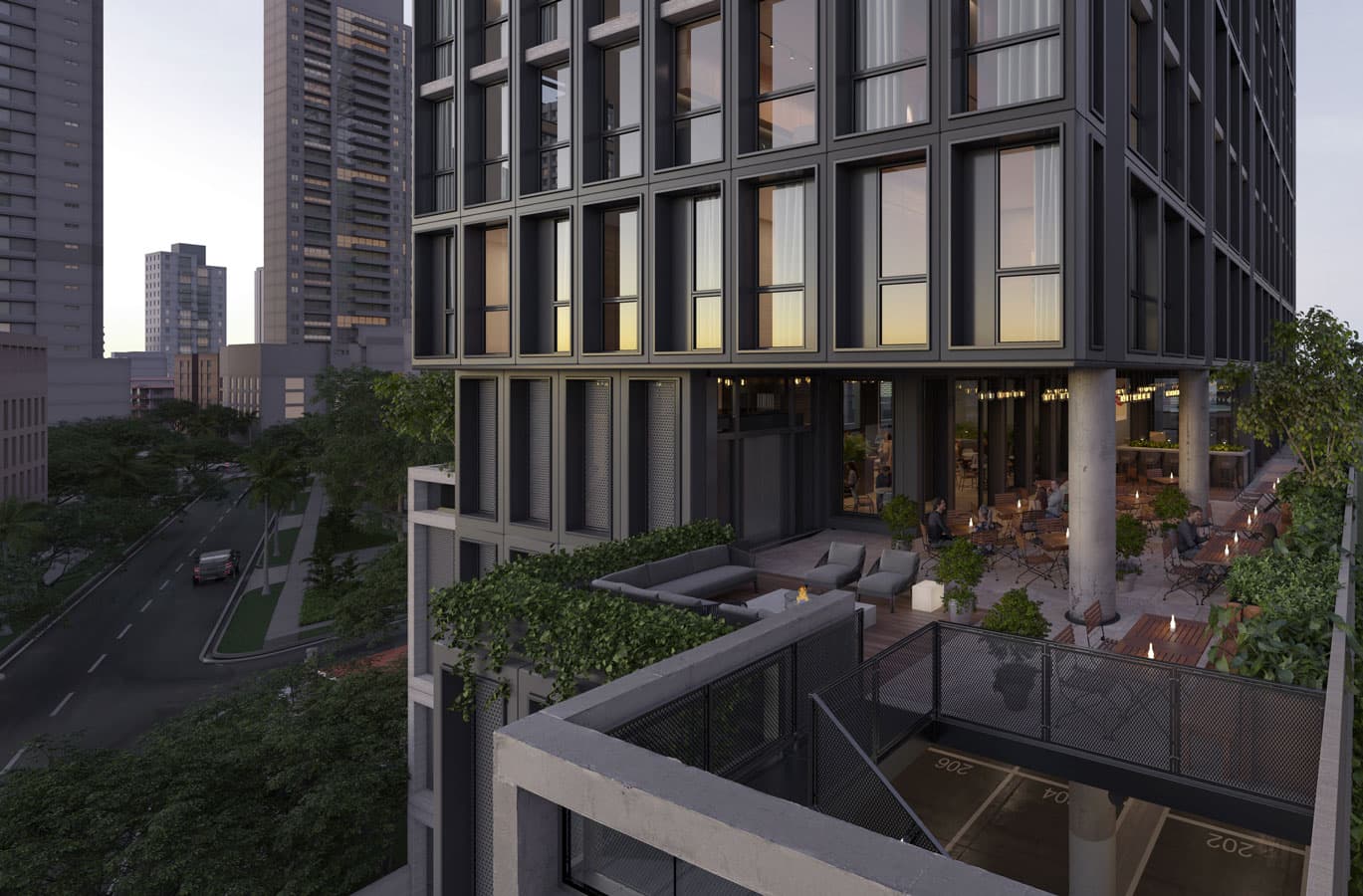 Rendering of the Tribu tower's landscaped terrace over the Coco del Mar streets