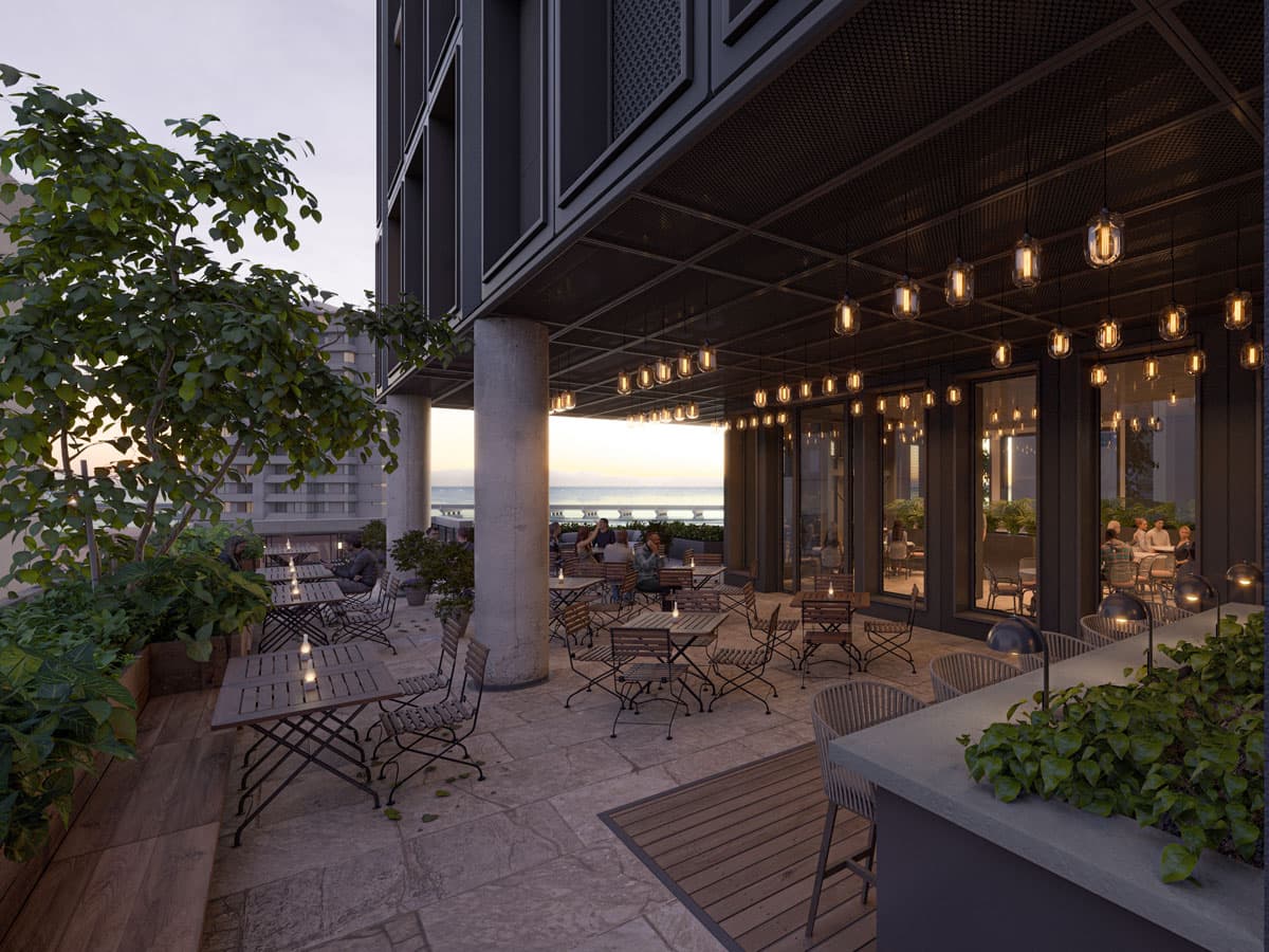 Rendering of the Tribu open-air restaurant terrace at dusk
