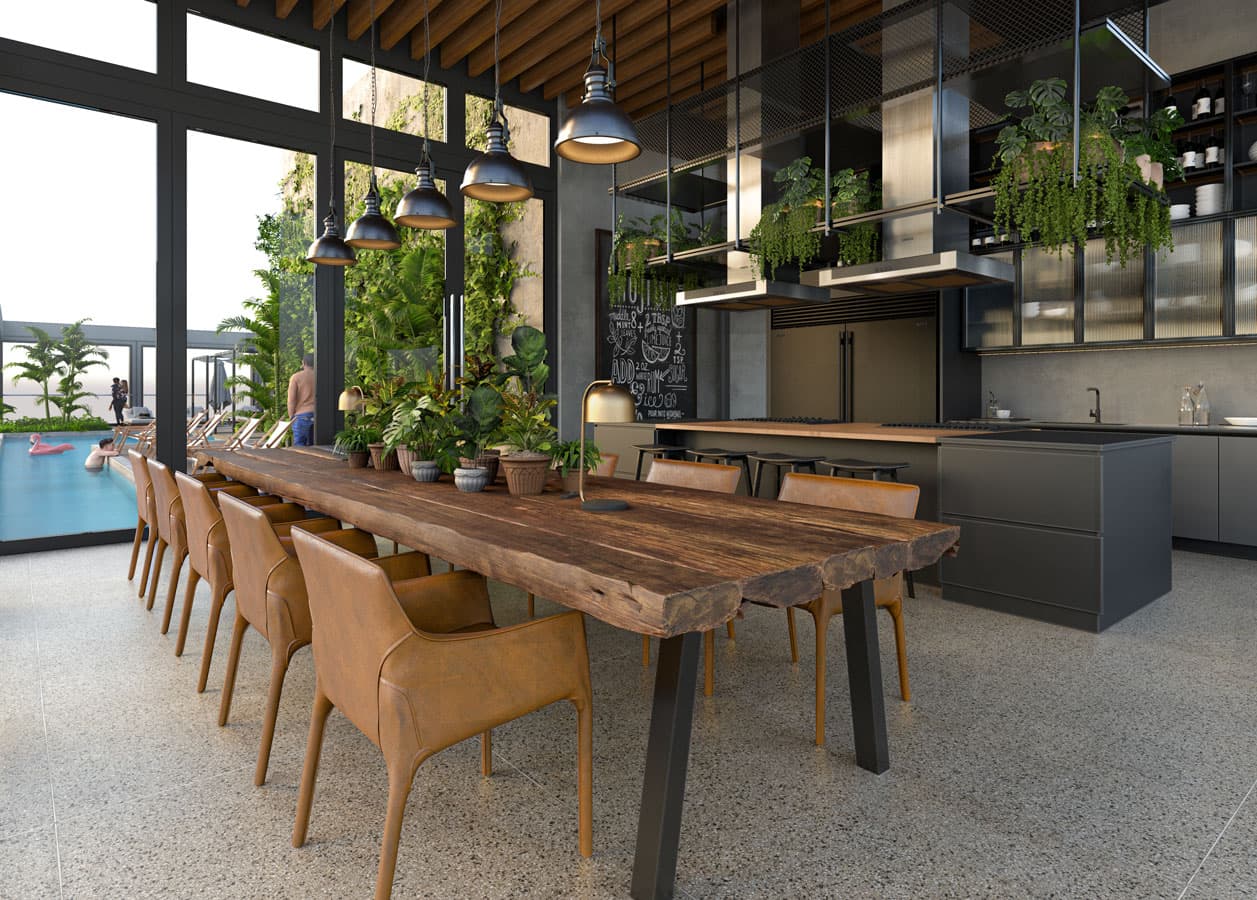 Rendering of the Tribu dirty kitchen and communal dining table by the pool