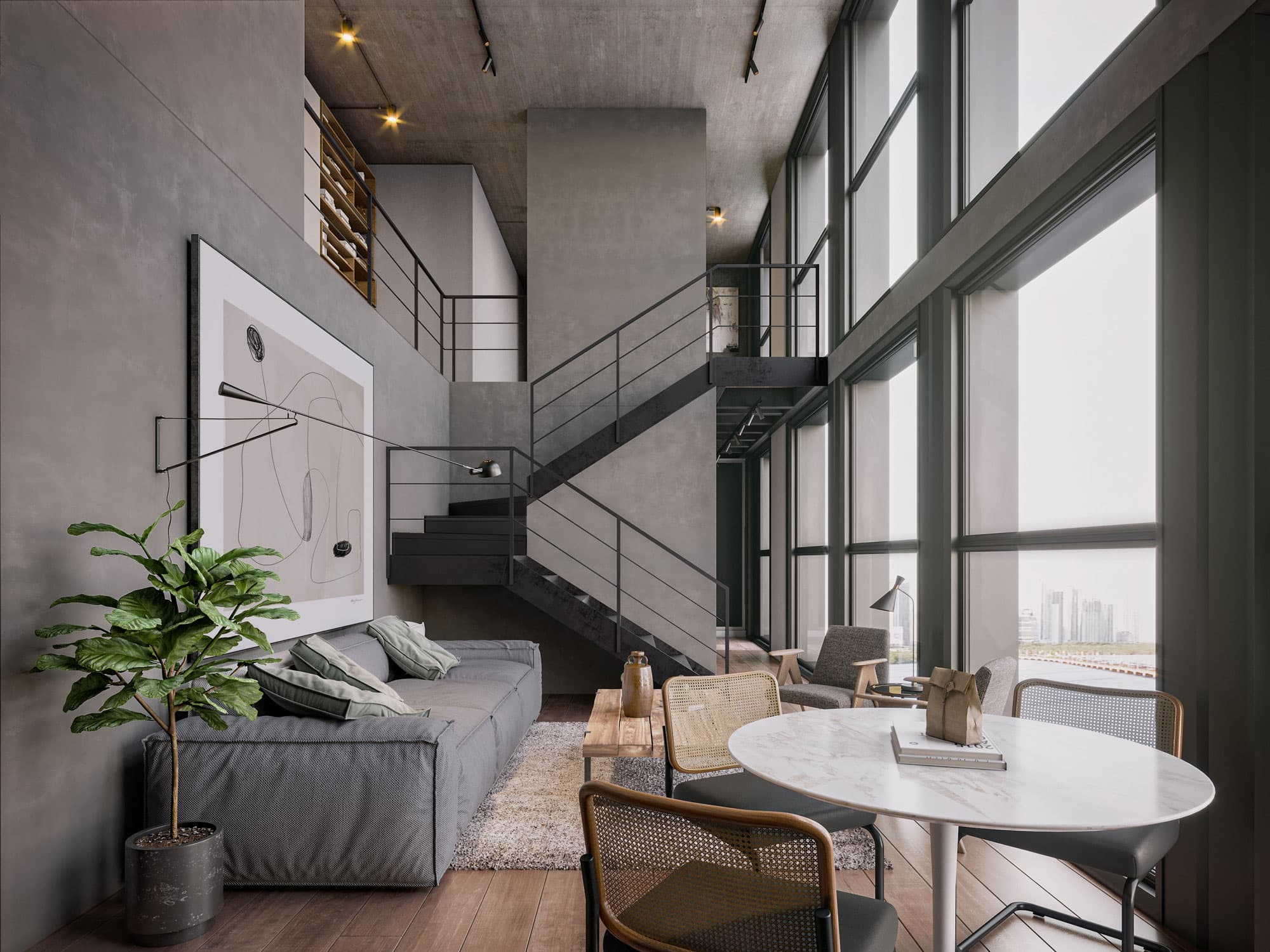 Rendering of a double-height Tribu loft living room with its steel staircase