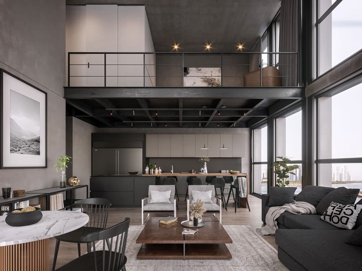 Rendering of a Tribu loft with open kitchen and mezzanine bedroom