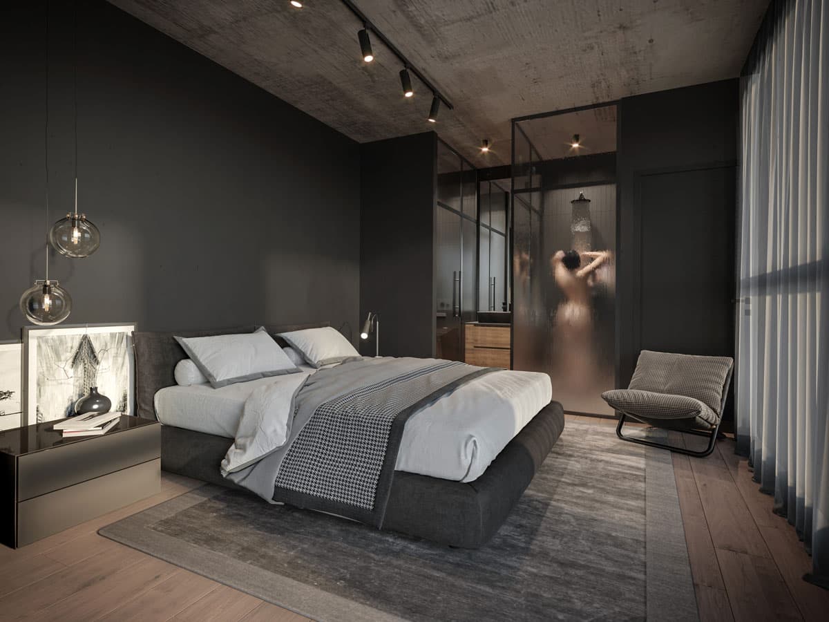 Rendering of a Tribu loft bedroom with industrial finishes
