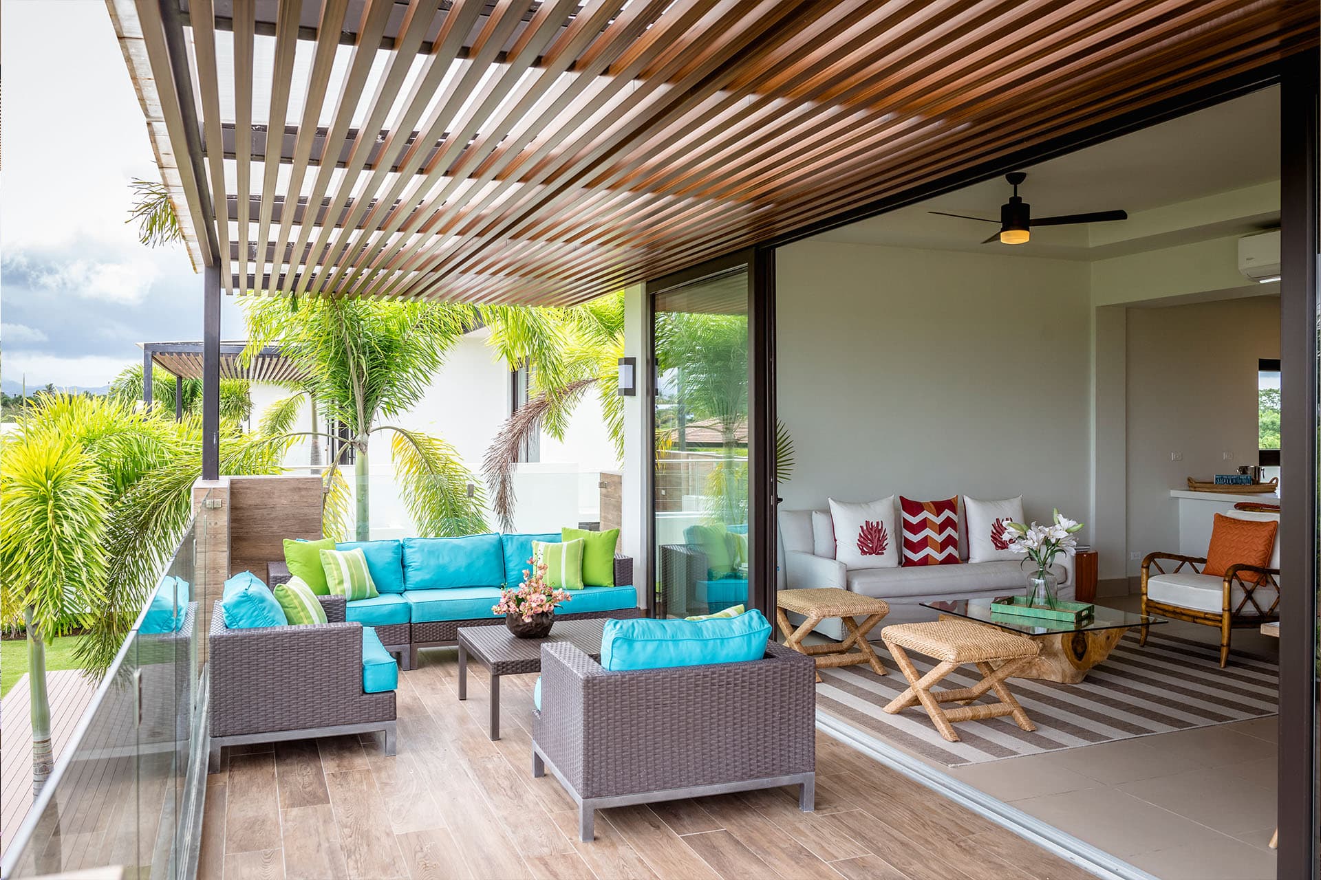 Covered terrace with outdoor lounge at a Luceros townhouse
