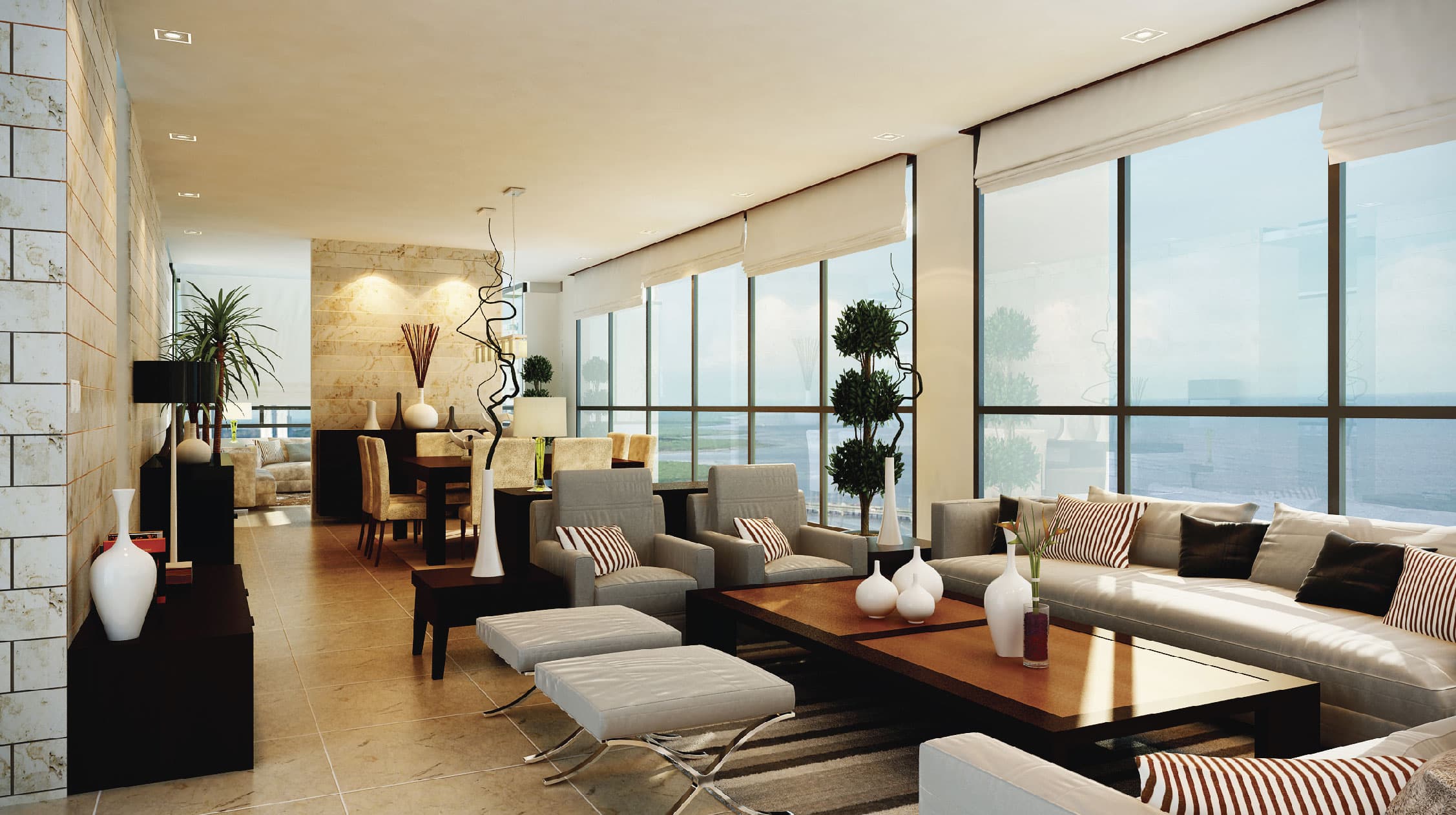 Rendering of an open living and dining room with floor-to-ceiling windows at Panorama, Coco del Mar