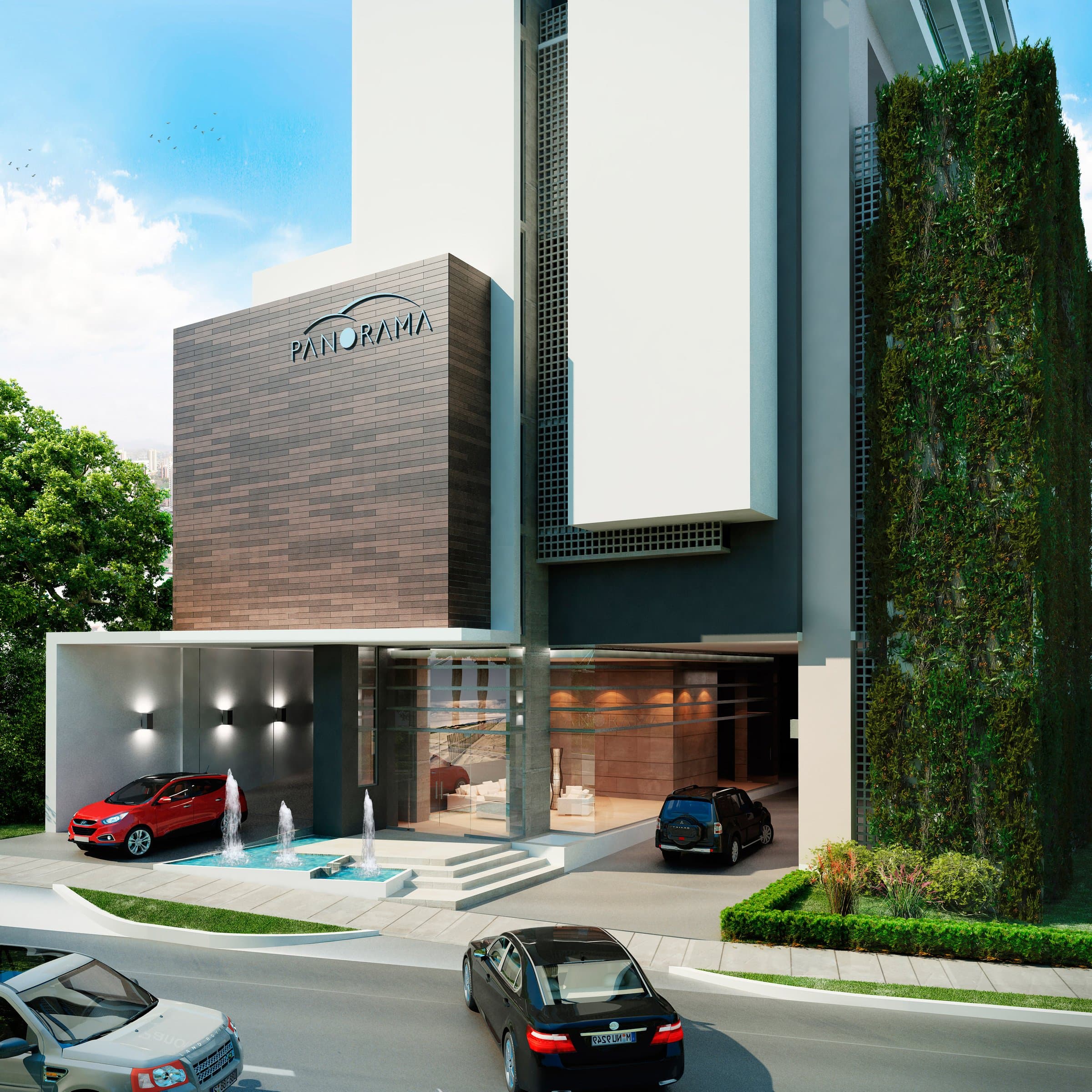 Rendering of the Panorama tower entrance with wood-clad facade, green wall and porte-cochere in Coco del Mar
