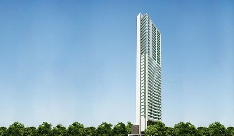 Rendering of the slender Panorama residential tower rising above the trees of Coco del Mar