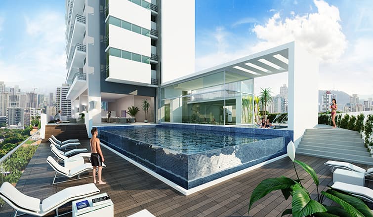 Rendering of the Panorama rooftop pool with glass edge and city views