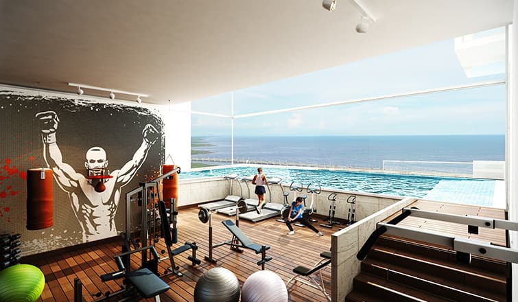 Rendering of the Panorama gym with ocean-view windows