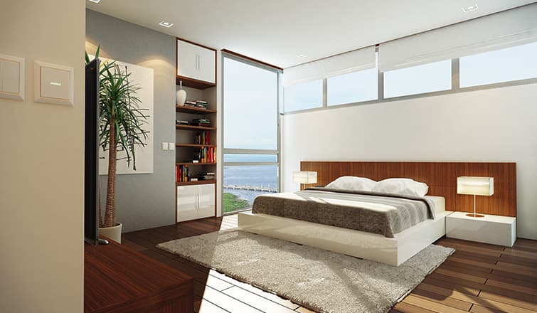 Rendering of a Panorama apartment bedroom with floor-to-ceiling windows
