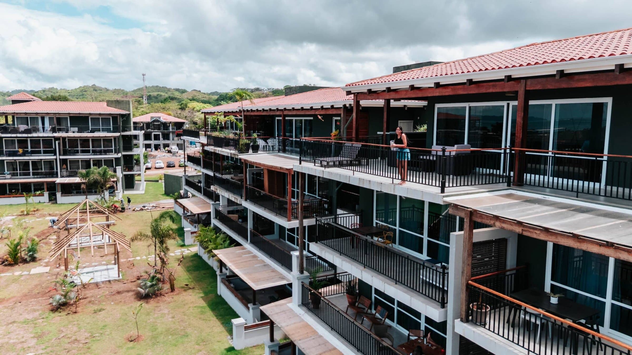 Blue Venao condo buildings with balconies overlooking the gardens