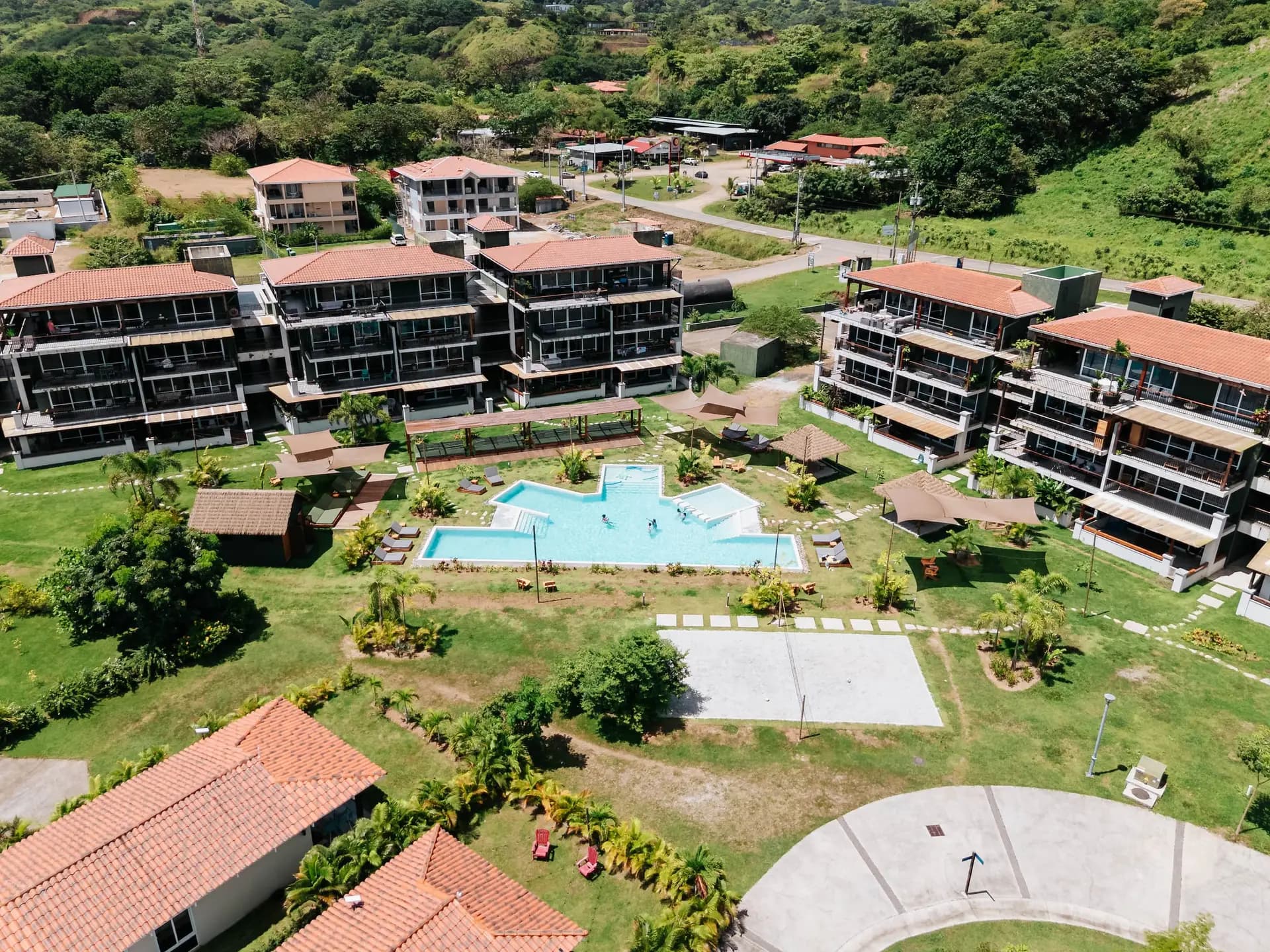 Aerial view of the Blue Venao condo buildings, pool and gardens in Playa Venao